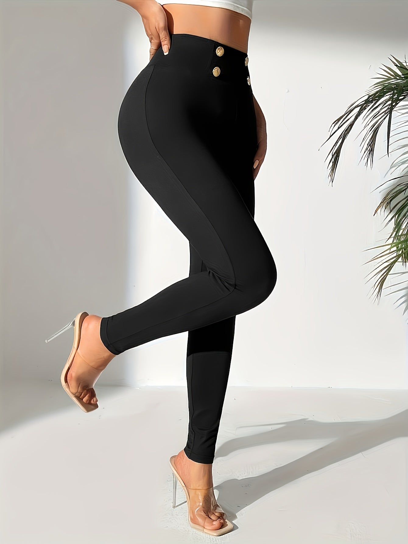 Women'S Elegant Double Button Closure Pants - Slim Fit Trousers with Elastic Waist, Non-See-Through Fabric for Formal & Casual Outfits - All-Season Office, Party, Everyday Pants - Women'S Formal & Casual Attire, Office Wear,