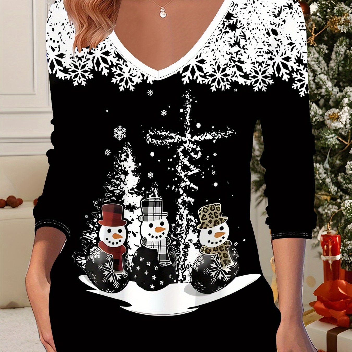 Women'S Elegant 3D Printed Snowman & Winter Scene V-Neck Long Sleeve T-Shirt - All-Over Print Holiday Top with Snowflakes, Trees & Plaid Hats - Cozy Casual Christmas & New Year'S Outfits - Year-Round Versatile Layering Piece