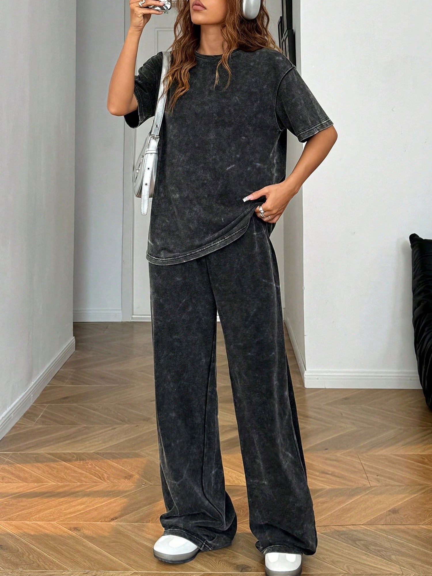 Two-Piece Spring/Summer/Autumn Casual Sportswear Set, Washed Black Round Neck T-Shirt and Wide-Leg Pants, Machine Washable, Solid Color, Medium Stretch Fabric, Crew Neck, Lash Sets, Plus Size, Casual Sportswear|Casual Style|S