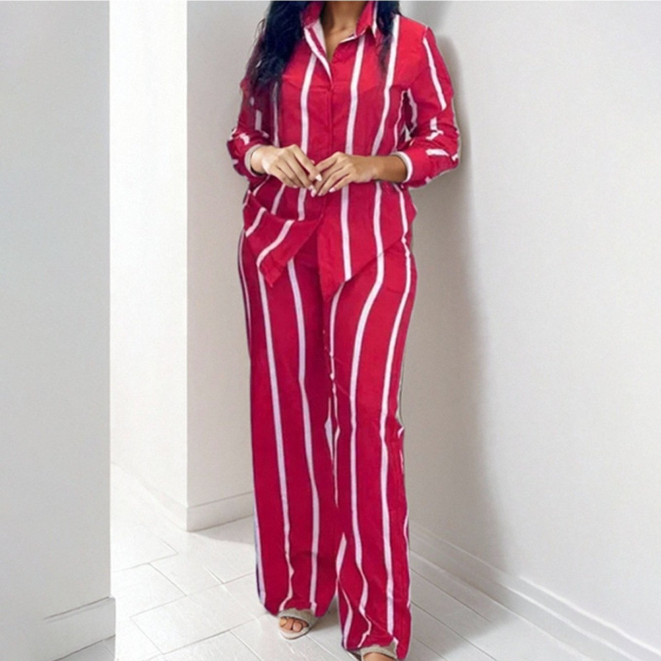 Spring New European and American Women'S Printed Striped Shirt Top Pants Set for Women, Spring Fashion, Summer Wardrobe, Striped Design, Trendy Set, Quality Stitching, Comfortable Fit, Women'S Pantsuit, Ladie Trouser Suit For