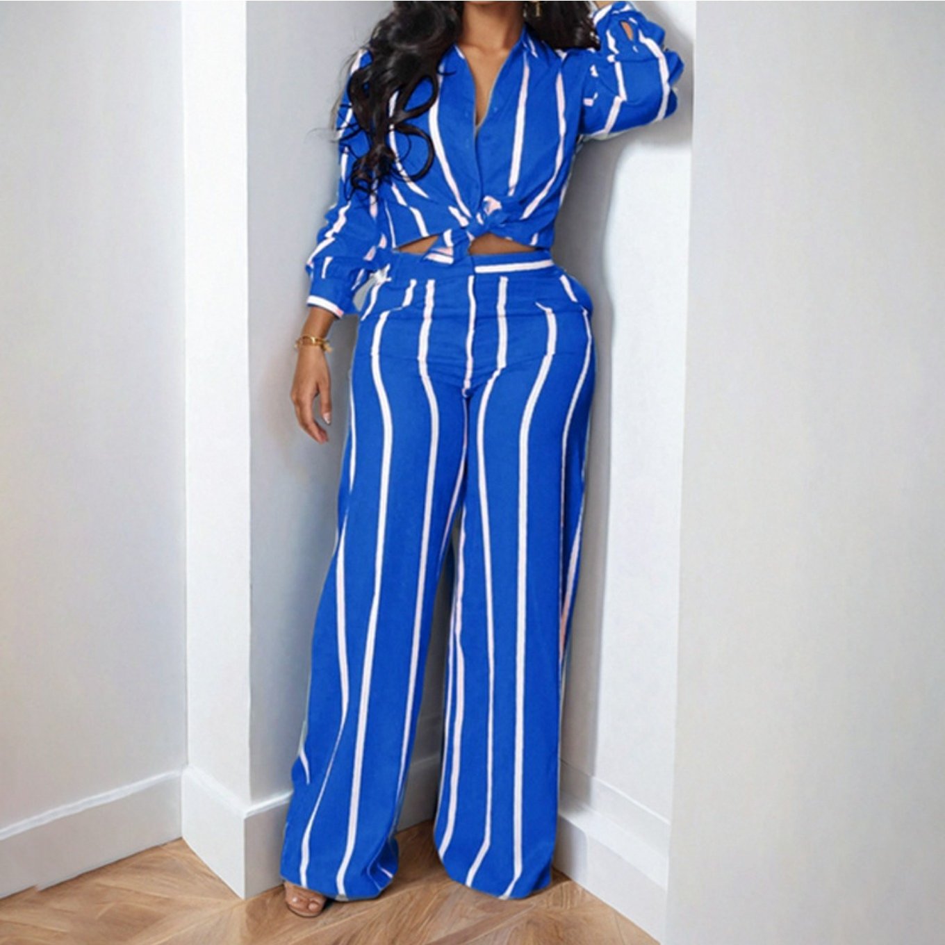 Spring New European and American Women'S Printed Striped Shirt Top Pants Set for Women, Spring Fashion, Summer Wardrobe, Striped Design, Trendy Set, Quality Stitching, Comfortable Fit, Women'S Pantsuit, Ladie Trouser Suit For
