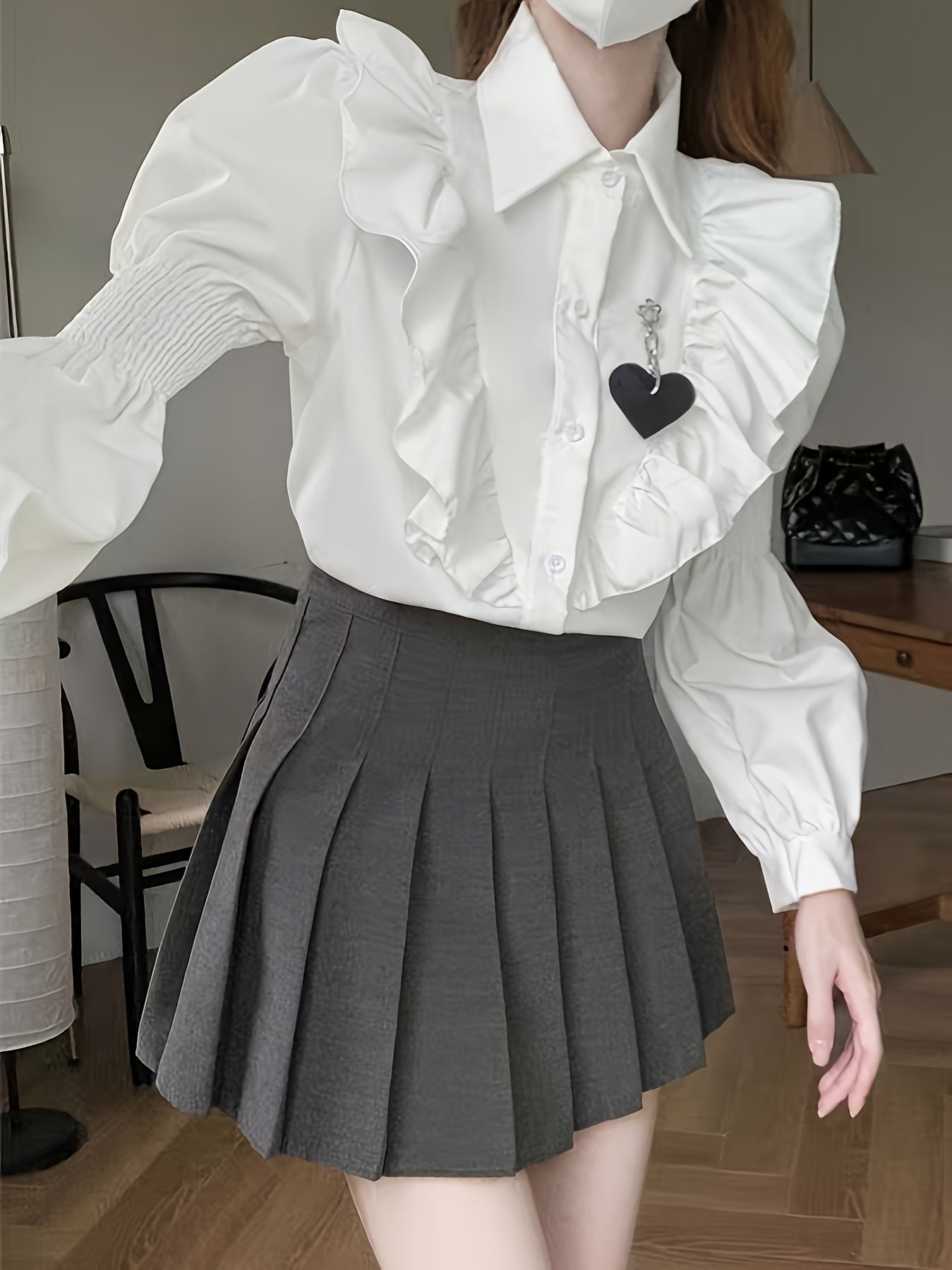 Women'S French-Inspired Ruffle Sleeve Blouse - Long Sleeve, Button-Up Shirt with Puff Sleeves, Black & White Contrast, Vintage Style, Perfect for Casual or Formal Outfits, Versatile Fashion Piece | Ruffle Detail Shirt | Butto