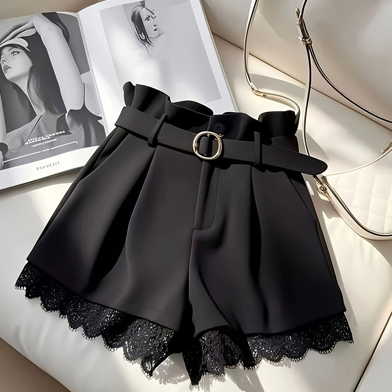 Women'S Elegant Black Lace Trim Skirt Shorts - High-Waisted Pleated Design with Golden Button Belt, Non-Stretch Fabric, Green Skirt For Women, Green Skirt, Elegant Woman Short, Woman Short Skirt, Women Shorts, Women Short, El