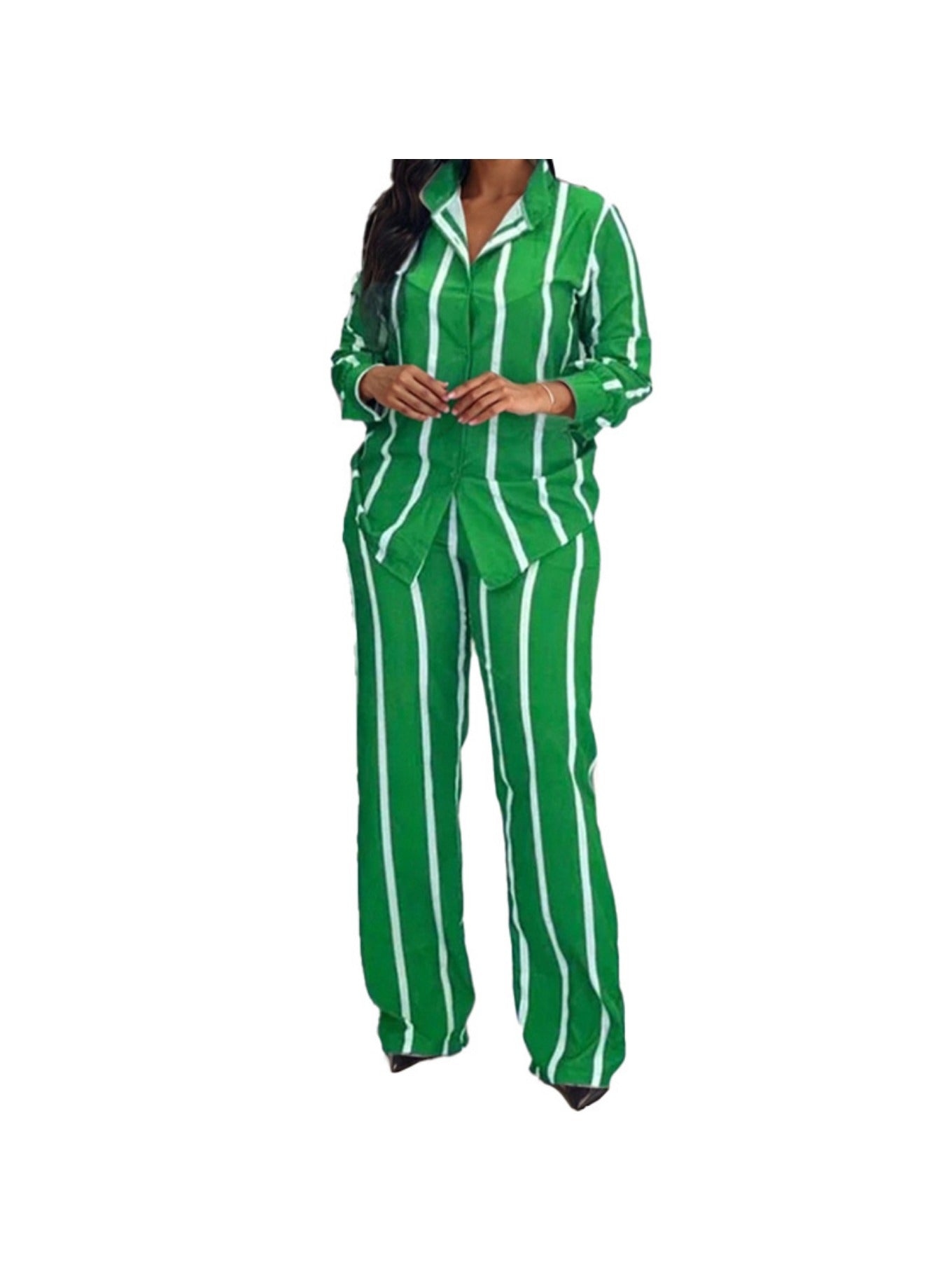 Spring New European and American Women'S Printed Striped Shirt Top Pants Set for Women, Spring Fashion, Summer Wardrobe, Striped Design, Trendy Set, Quality Stitching, Comfortable Fit, Women'S Pantsuit, Ladie Trouser Suit For