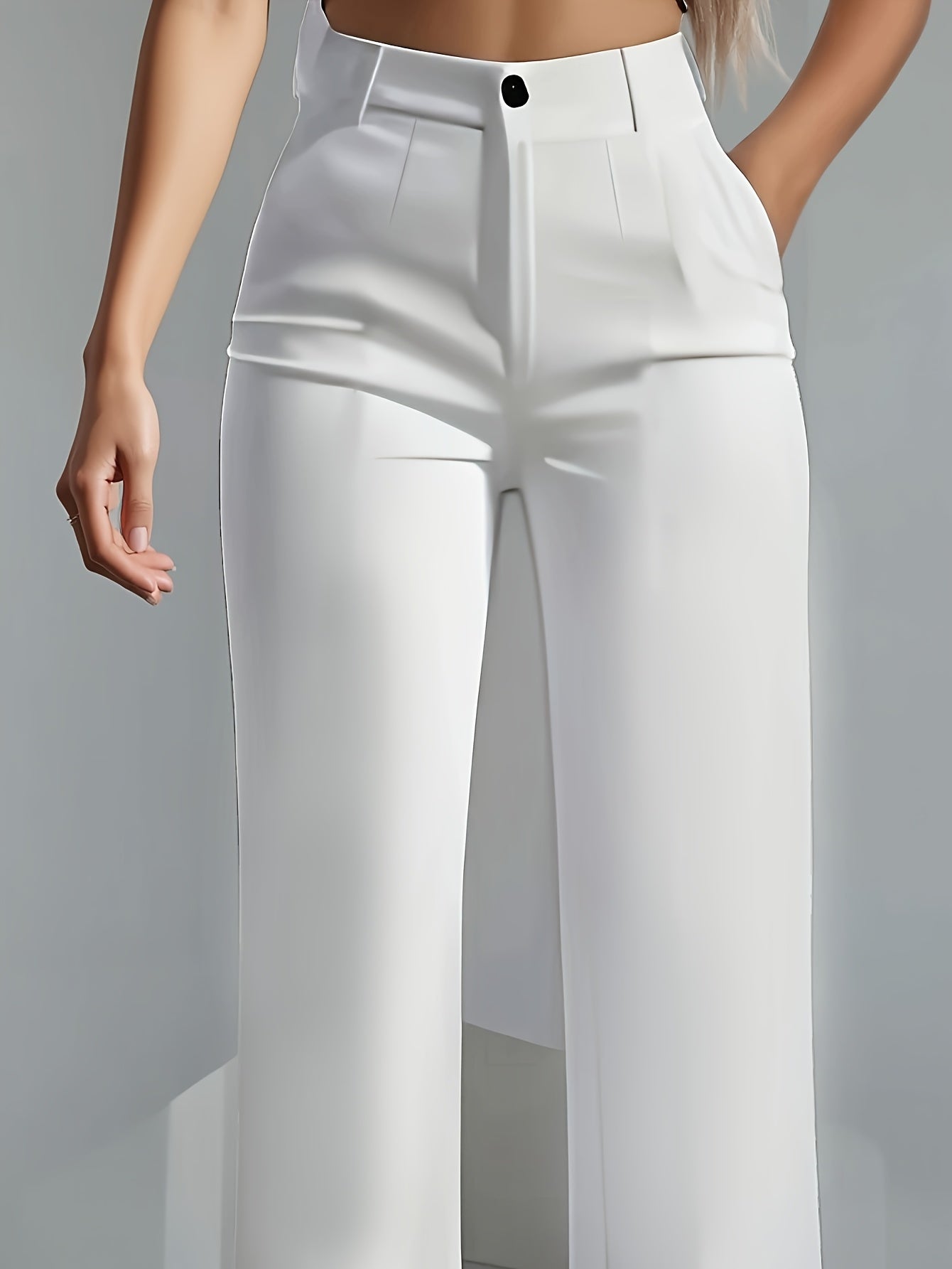 Women'S Elegant White Pants - Formal and Casual, Button Closure, Non-Stretch Fabric, Suitable for Office, Party, Casual Attire - Professional High-Waisted Trousers, Classic Design, Exquisite Tailoring, Essential Fashion Botto