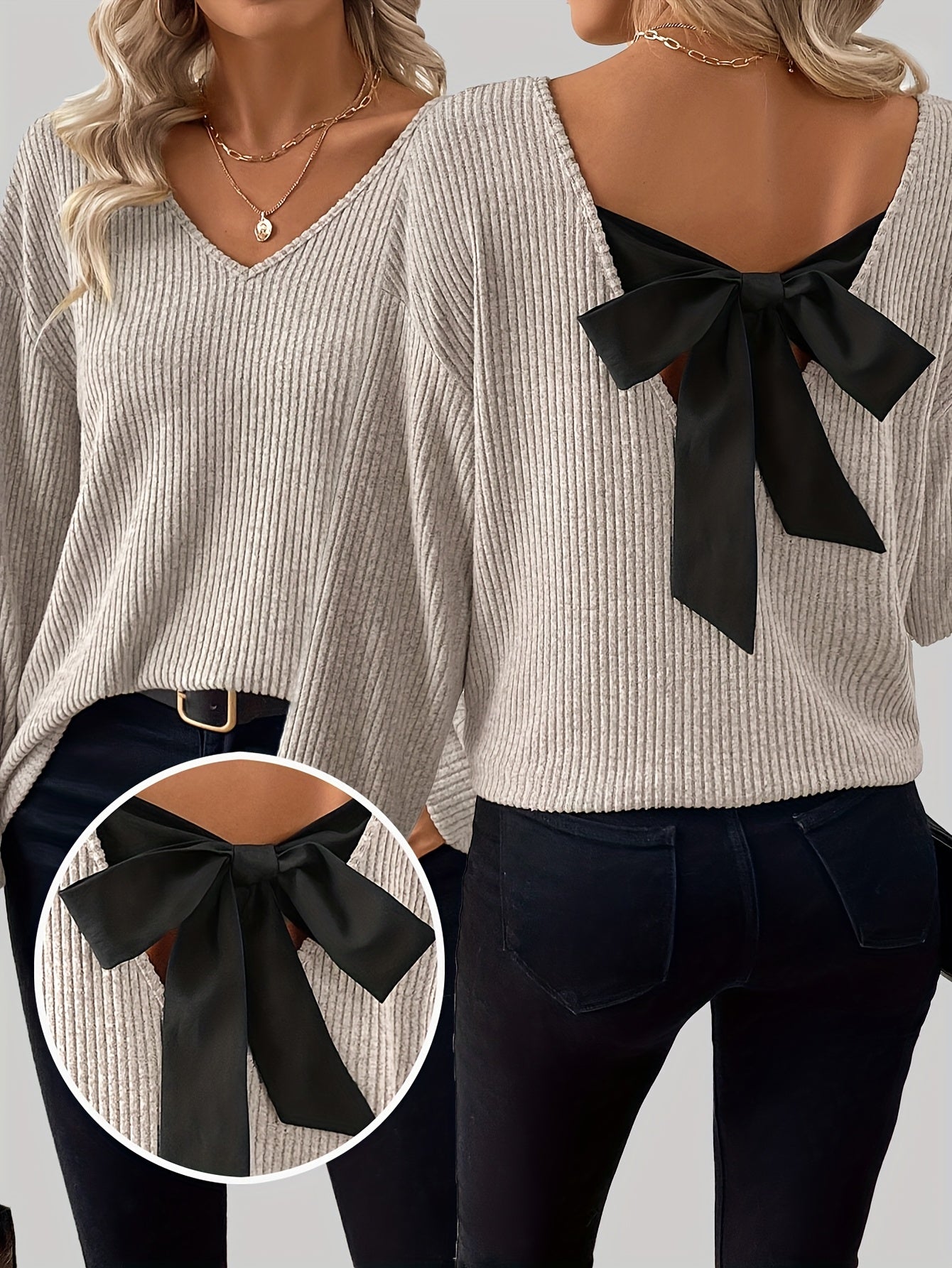 Women'S Elegant V-Neck Long Sleeve T-Shirt with Back Bow Detail - Soft Pink Ribbed Top, Black Bow Accent, Casual Chic Style for Spring/Fall, Ladies T Shirts, Women Elegant Winter Knitwear With Coloured Stone, Women Elegant Wi