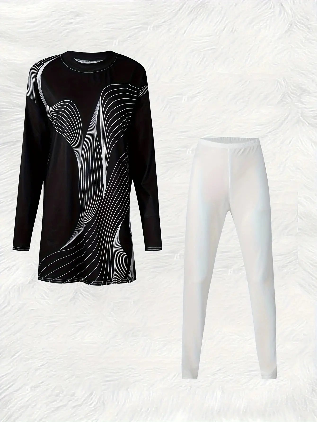 1 Set Women's Elegant Black & White Geometric Print Polyester Pantsuit - All-Over Vertical Stripe Long Sleeve Top & Wide-Leg Trousers, Wrinkle-Resistant Fabric, All-Season Casual to Formal Outfit with Split Detail Crew Neck a