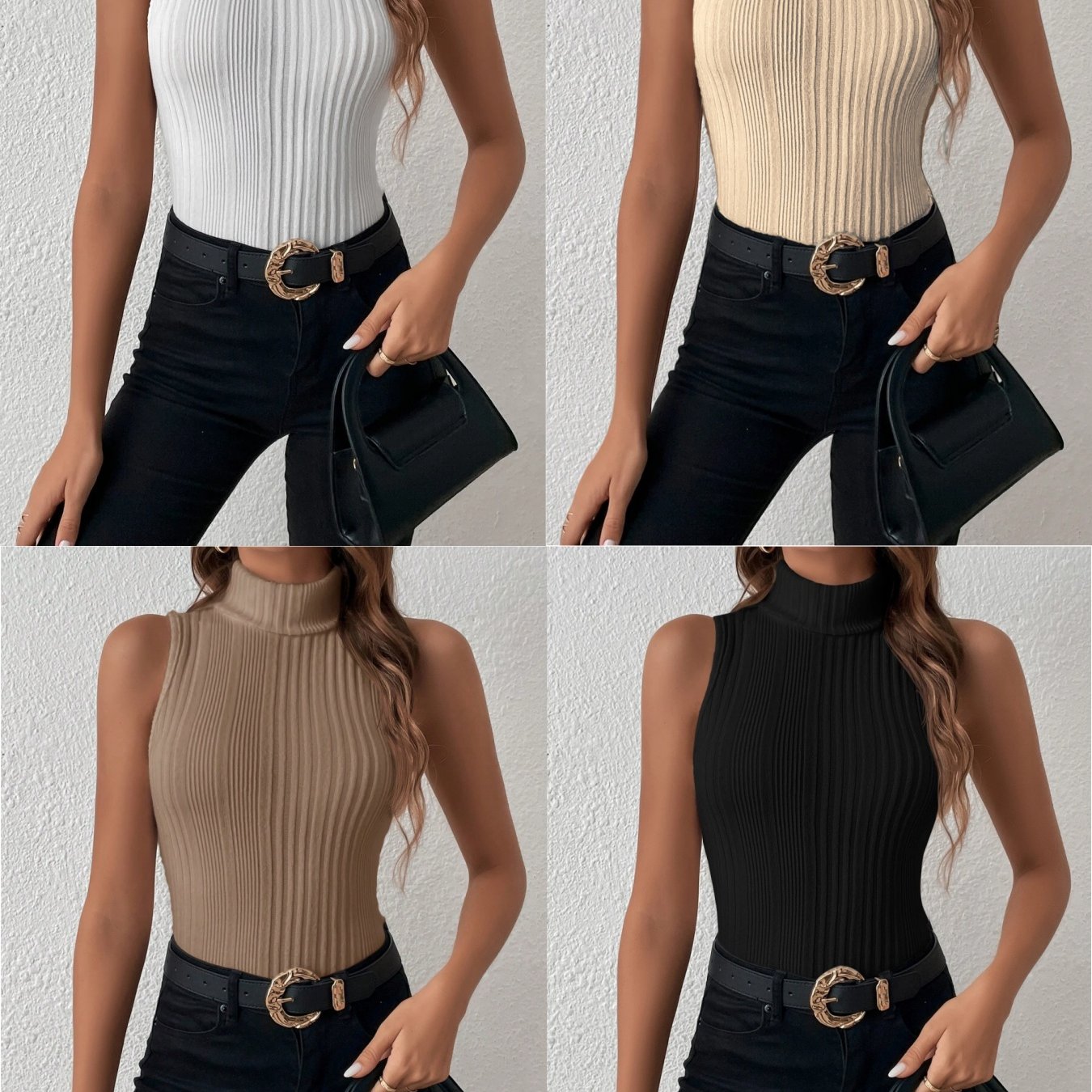 4 Colors Women's Elegant Turtleneck Tops 4pcs Set - Solid White//Beige/Black High-Neck Shirts, Versatile Layering Blouses for Spring Summer Fall, Casual & Formal Wear, Machine Washable (No Bulk), Tops For Women, High Neck Top