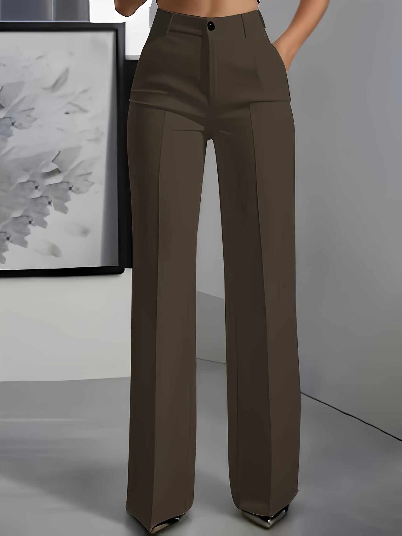 Women's Elegant Navy Blue Wide-Leg Trousers • Solid Color All-Season Formal & Casual Pants with Button Closure • Structured Fit for Office, Semi-Formal Events & Casual Attire • Versatile All-Season Trousers • Women's