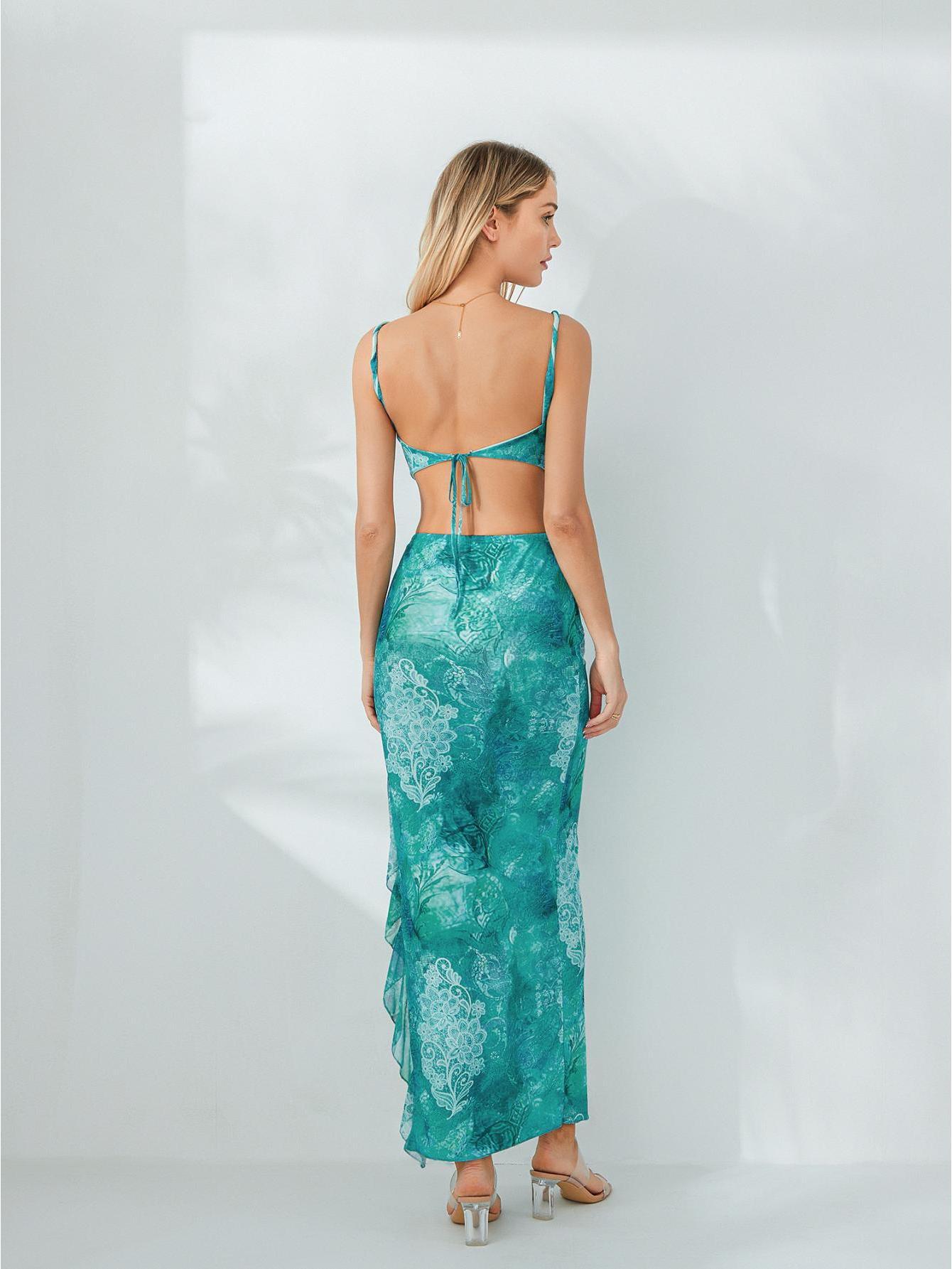 Women Tops Skirt Suit, Sleeveless Off Shoulder Floral Vest + Summer Casual Long Skirt Outfit
