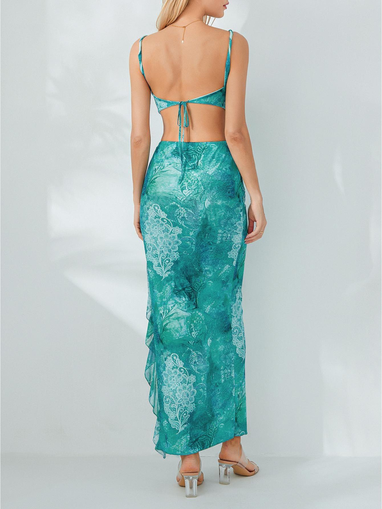 Women Tops Skirt Suit, Sleeveless Off Shoulder Floral Vest + Summer Casual Long Skirt Outfit