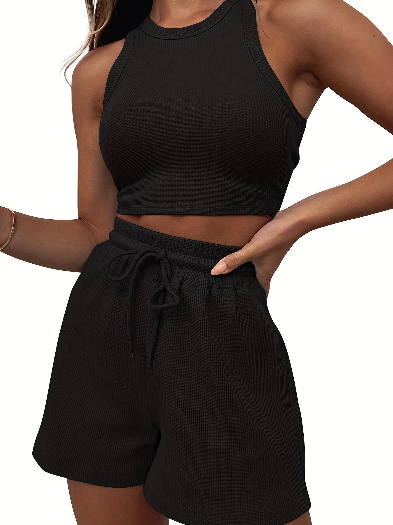 2-Piece Women's Casual Sportswear Set - Comfy Ribbed-Knit Crop Top & Adjustable Drawstring Shorts - Versatile Sleeveless Outfit for Outdoor Activities