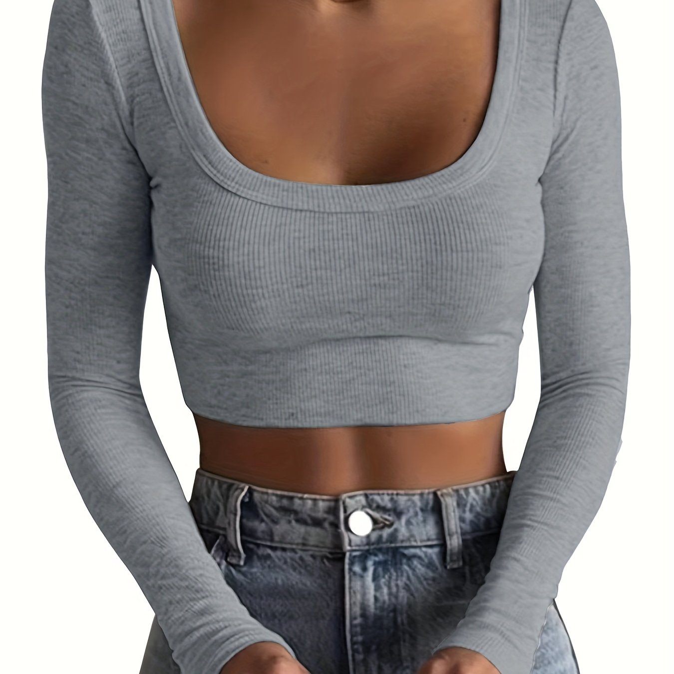 All-Season Chic Scoop Neck Crop Top – Slim & Stylish Long Sleeve, Solid Color, Easy-Care Rib-Knit Tee for Women