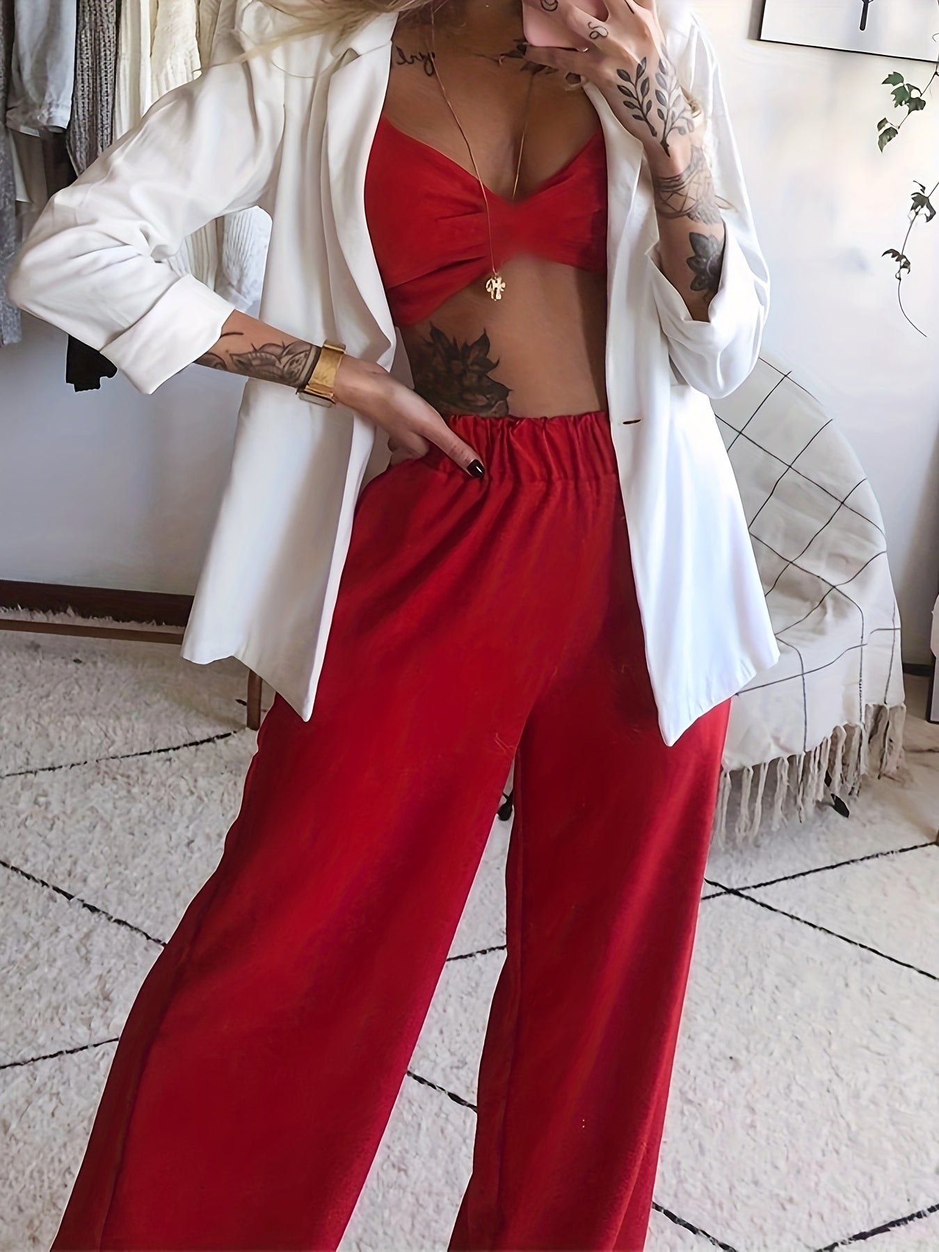 two-piece Sexy Butterfly Print Halter Top & Wide Leg Pants Set, Women's Crop Top and Pants Outfit