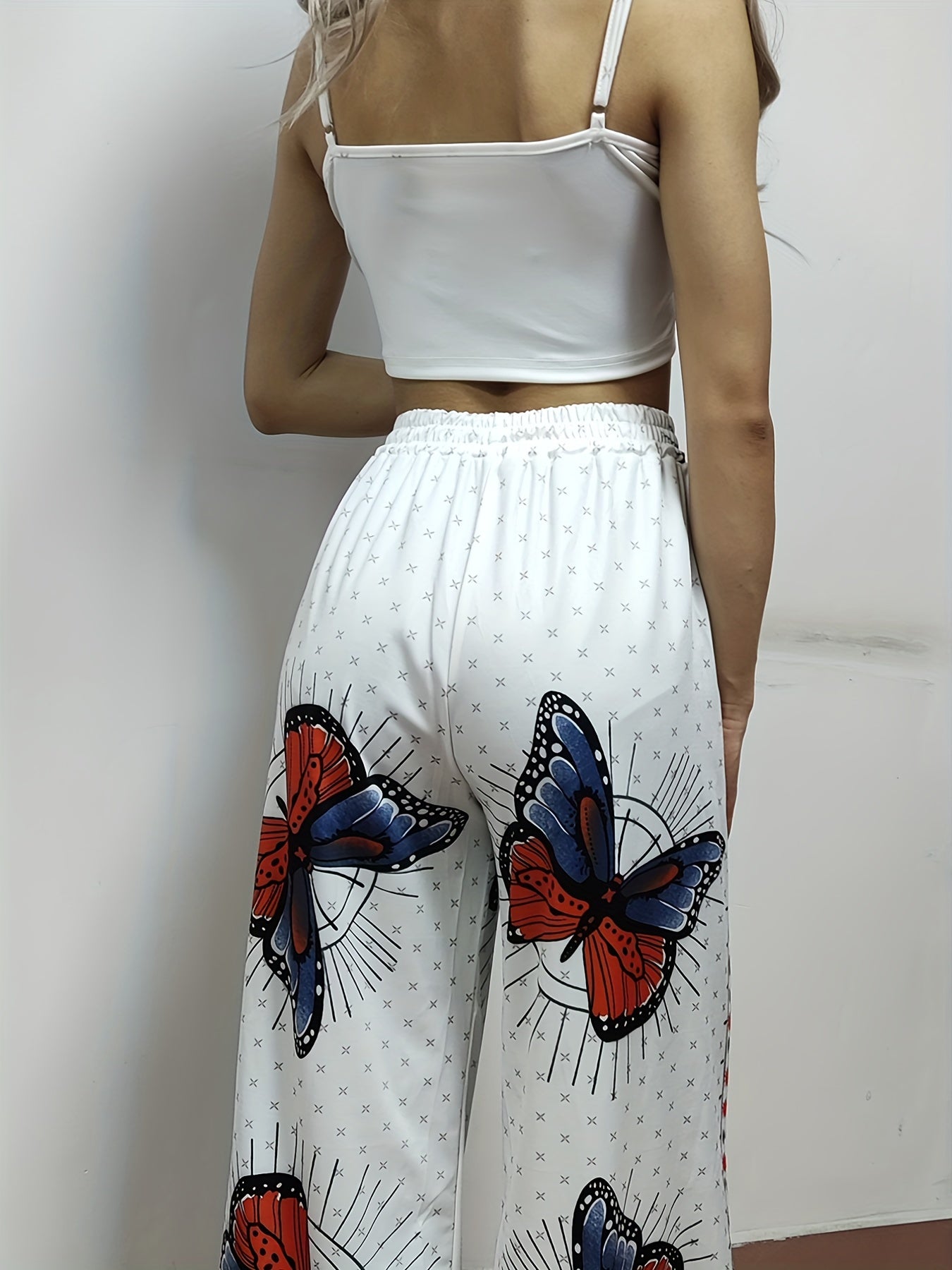 two-piece Sexy Butterfly Print Halter Top & Wide Leg Pants Set, Women's Crop Top and Pants Outfit