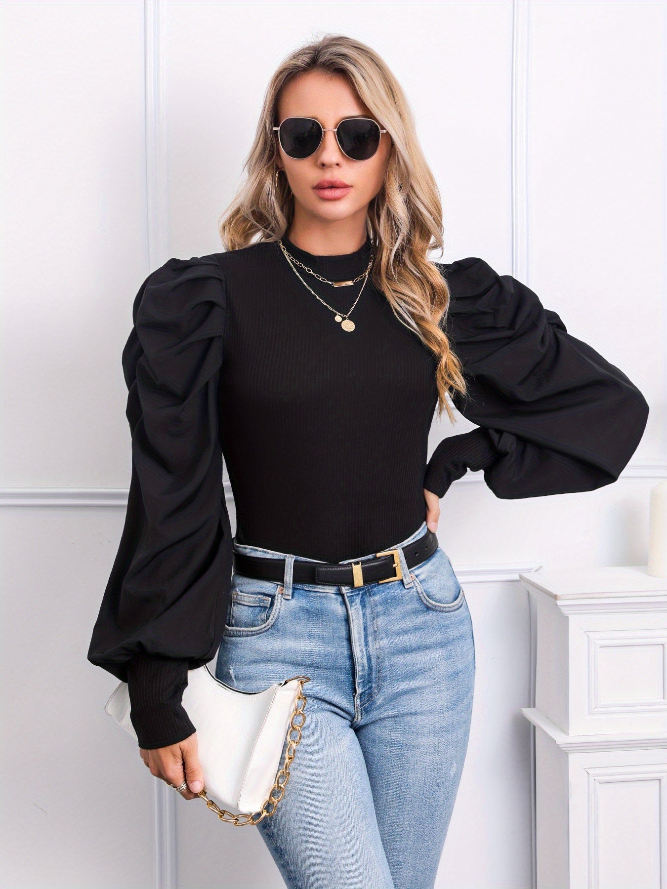 [Elegant Black Puffed Sleeve] Elegant Black Puffed Sleeve T-Shirt | Wrinkle-Resistant Ruffled Collar & Cuff Blouse, Short to Long Sleeve Converter (No-Sew), Machine Washable for Office, Casual & Formal Wear - Spring/Autumn La
