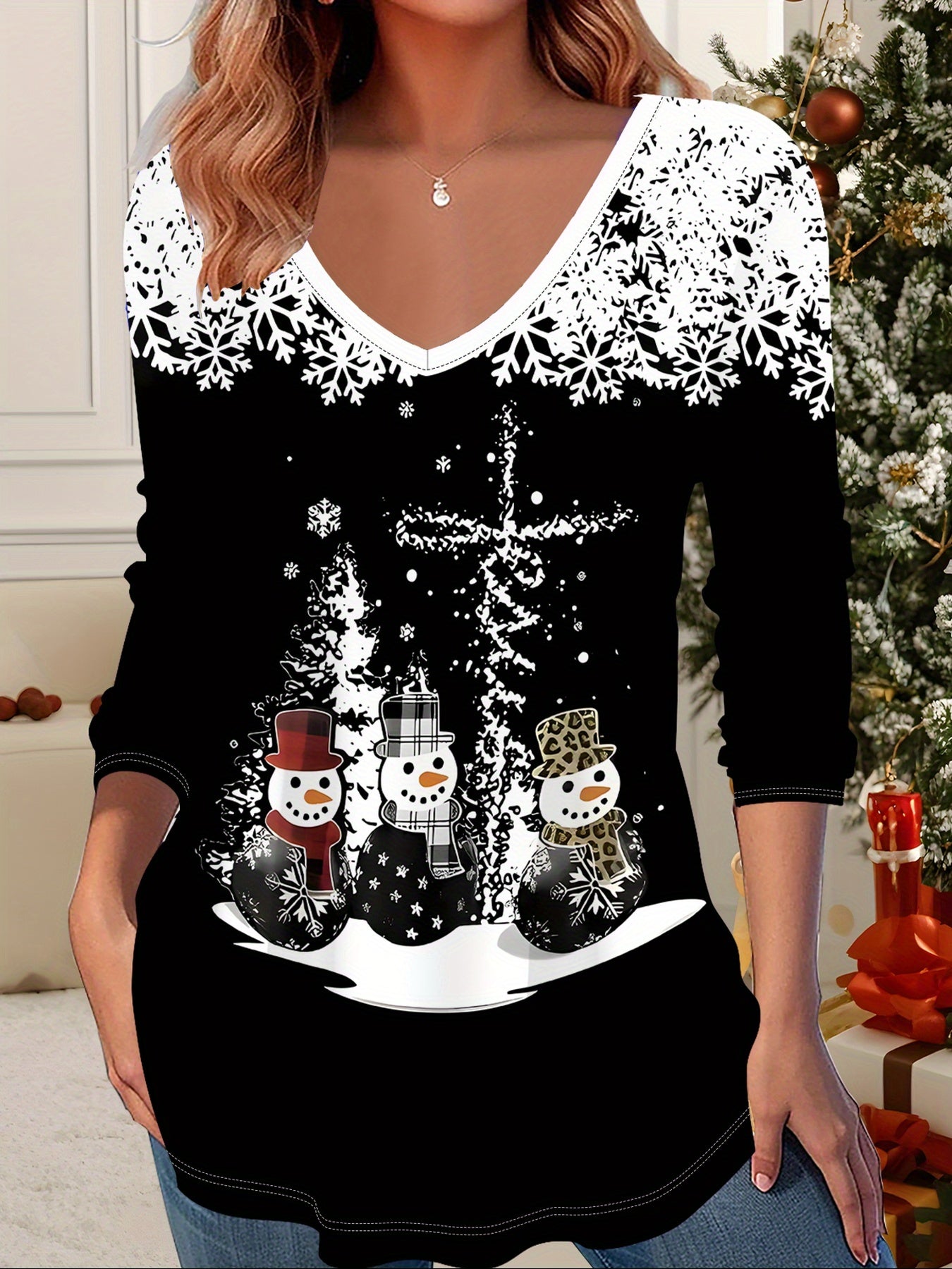Women'S Elegant 3D Printed Snowman & Winter Scene V-Neck Long Sleeve T-Shirt - All-Over Print Holiday Top with Snowflakes, Trees & Plaid Hats - Cozy Casual Christmas & New Year'S Outfits - Year-Round Versatile Layering Piece