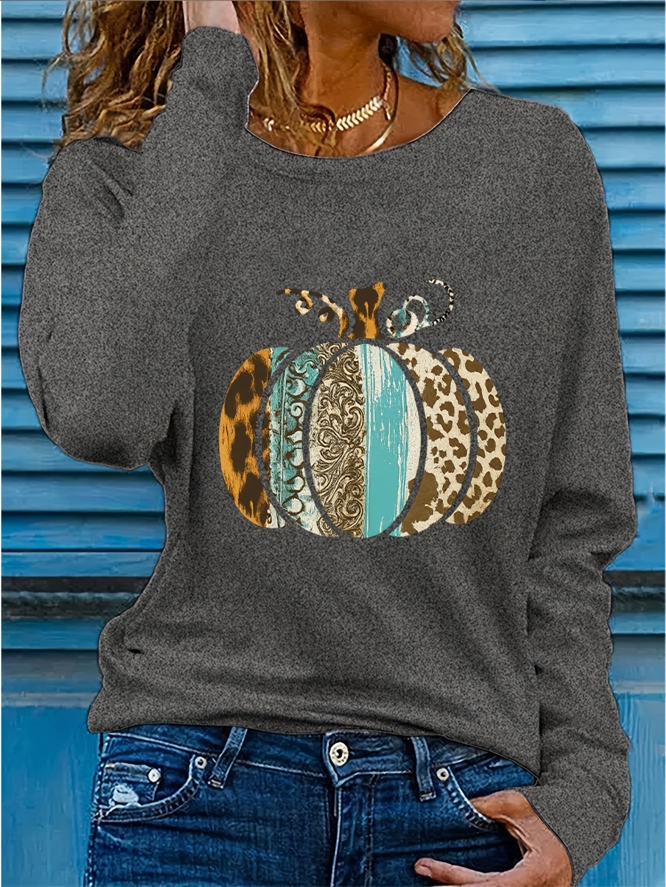 Women's Pumpkin Print Crew Neck Long Sleeve T-Shirt - Turquoise Blue & Golden Pumpkin Patch Design with Leopard Spot Accent, Casual Fall/Spring Top (Sizes S-2XL) | Pumpkin Season Outfits, Jeans Pairing, Machine Washable Layer