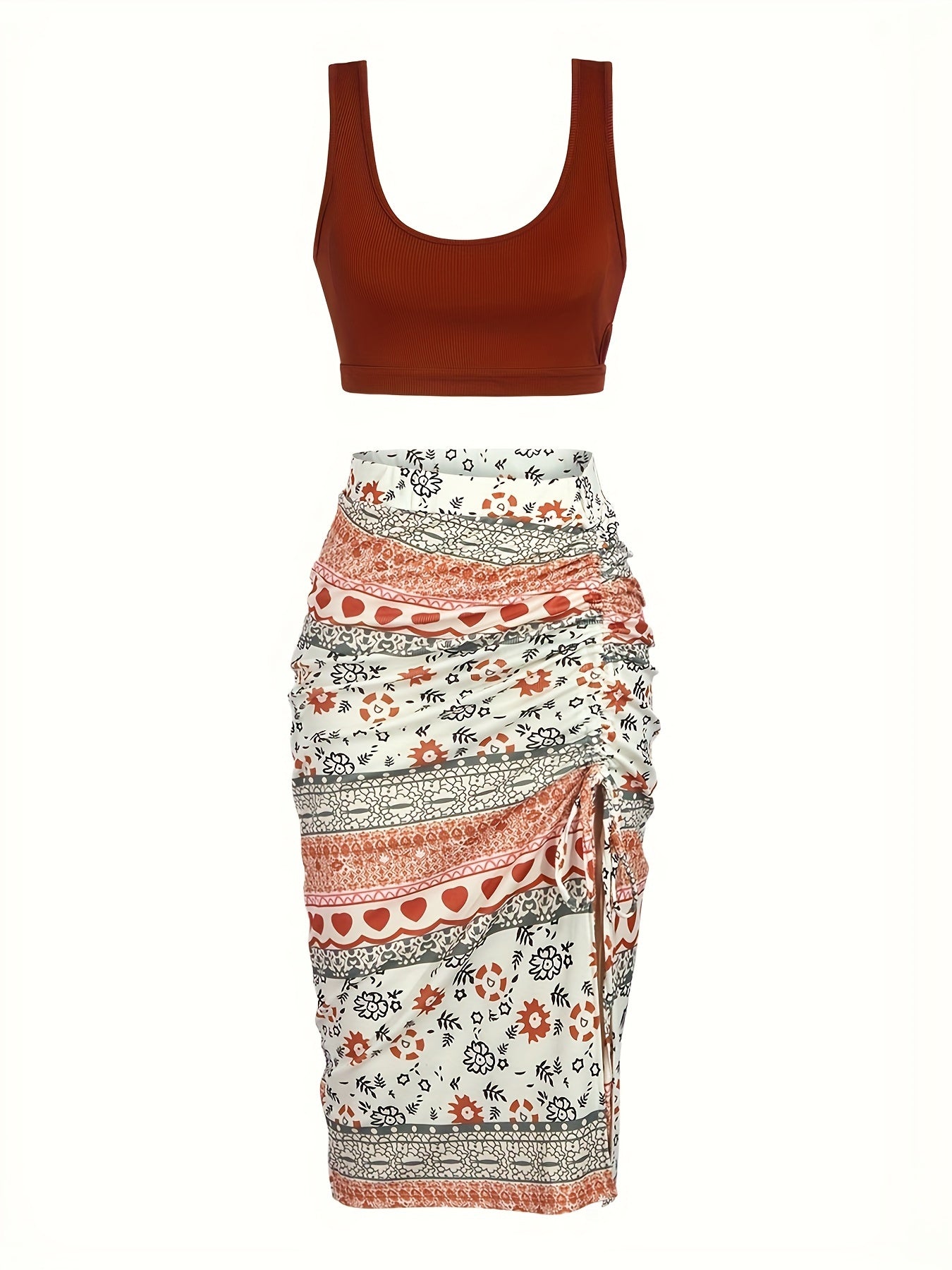 Chic Sleeveless Backless Crop Top & Floral Print Drawstring Split Dress Outfit - Effortlessly Stylish Casual Wear for Women