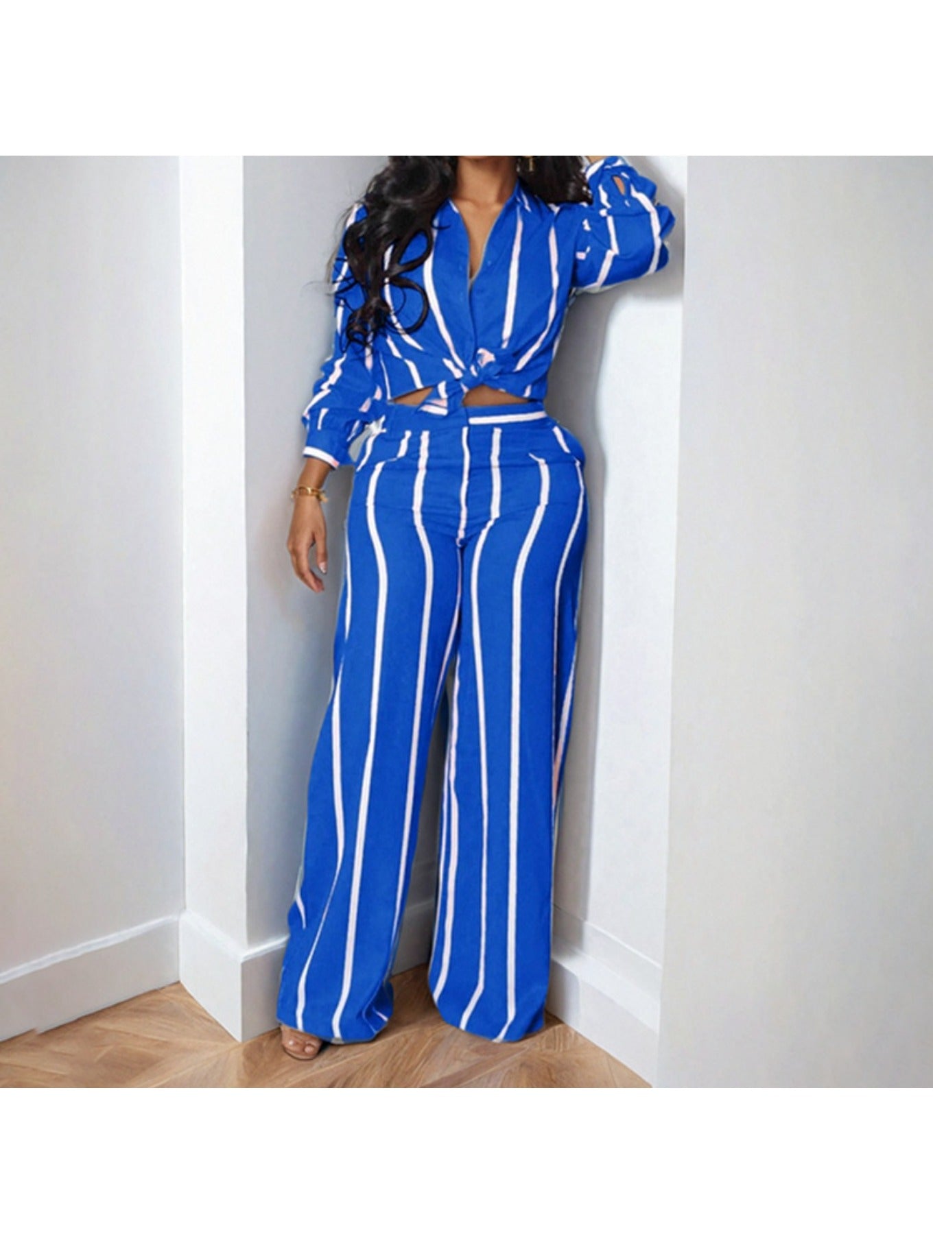 Spring New European and American Women'S Printed Striped Shirt Top Pants Set for Women, Spring Fashion, Summer Wardrobe, Striped Design, Trendy Set, Quality Stitching, Comfortable Fit, Women'S Pantsuit, Ladie Trouser Suit For