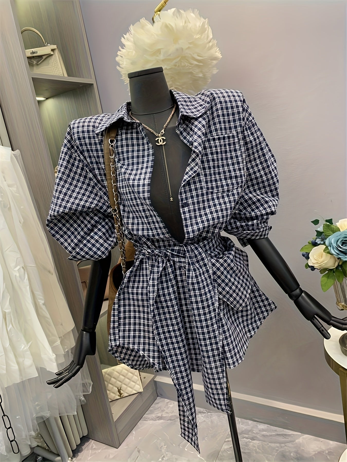 Women's Korean-Inspired Oversized Gingham Check Blouse with Belt-like Waist Tie - Blue & White Button-Front Shirt Jacket, Long Sleeve Layered Midi Length for Spring/Fall, Casual & Semi-Formal Wear (Machine Washable), Tops, Bl