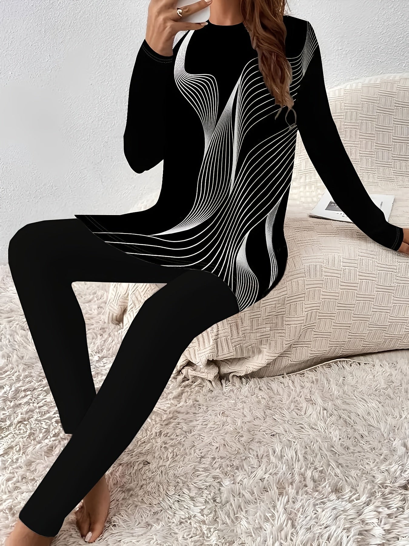 1 Set Women's Black & White Geometric Print Full-Zip Long Sleeve Suit - All-Season Polyester Pants & Top Set with Split Hem/Beige-Like Stripe, Casual to Formal Wear (Office, Wedding Guest) - Wrinkle-Resistant Outfit, Two Piec