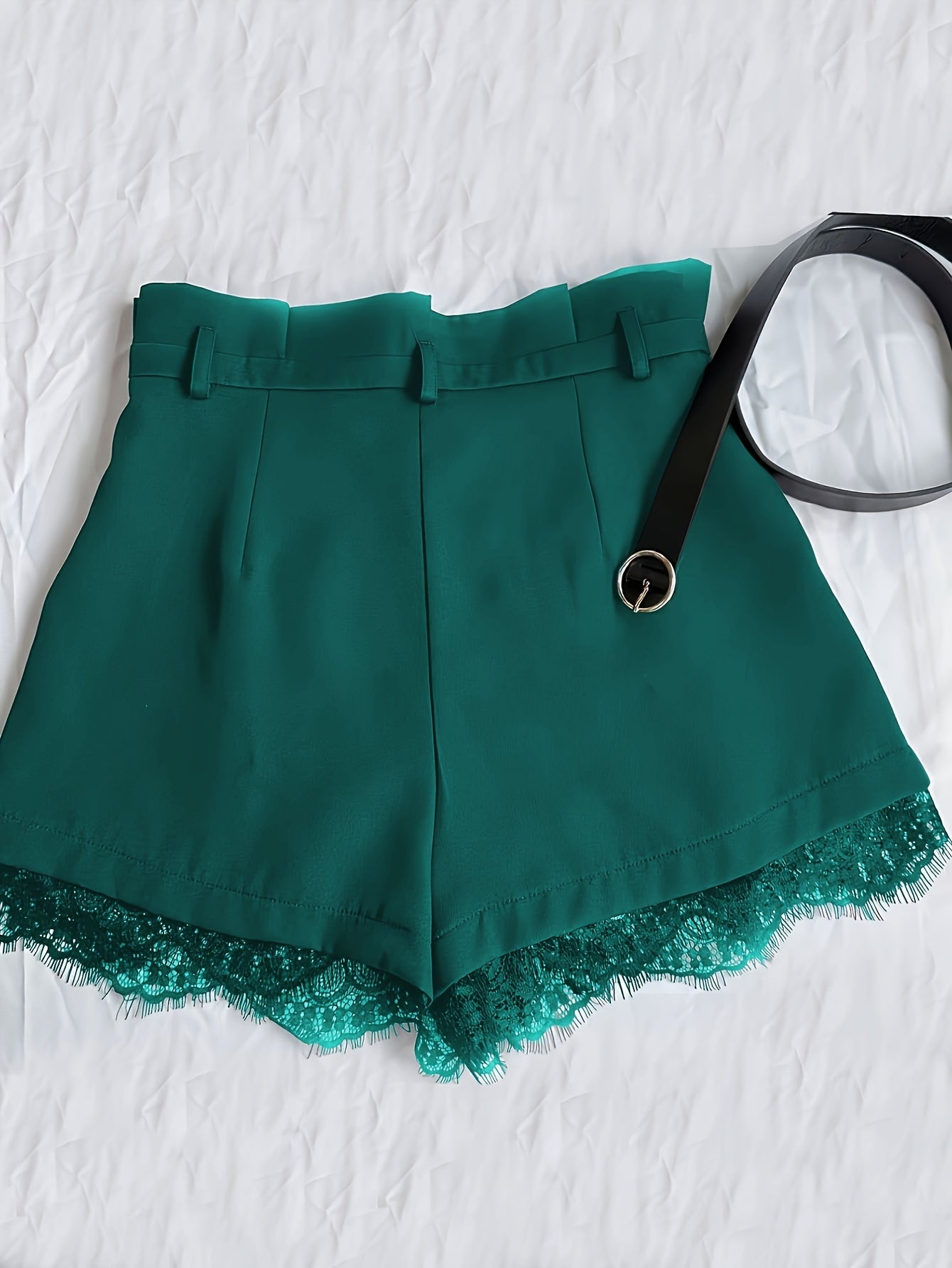 Women'S Elegant Black Lace Trim Skirt Shorts - High-Waisted Pleated Design with Golden Button Belt, Non-Stretch Fabric, Green Skirt For Women, Green Skirt, Elegant Woman Short, Woman Short Skirt, Women Shorts, Women Short, El