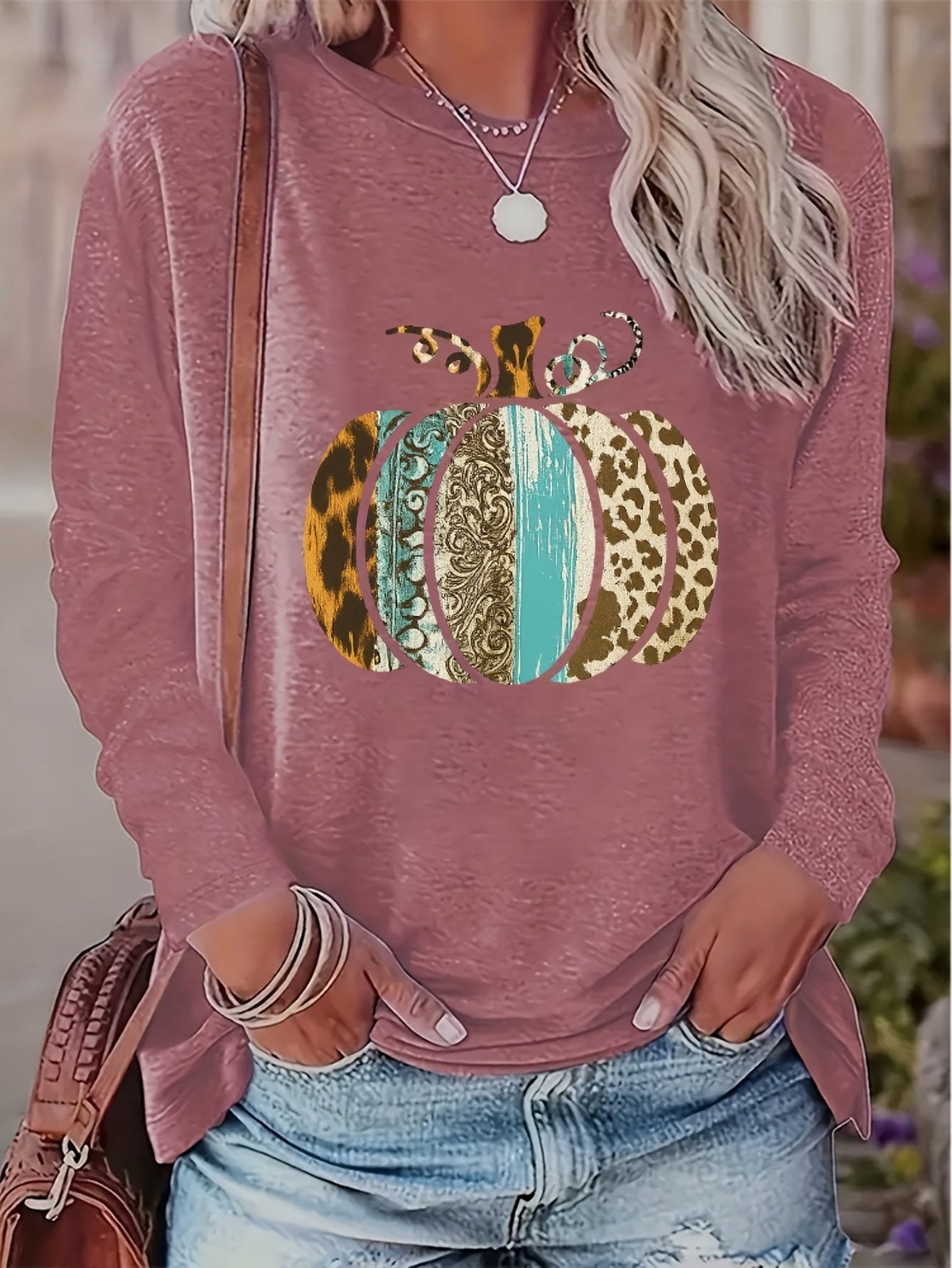 Women's Pumpkin Print Crew Neck Long Sleeve T-Shirt - Turquoise Blue & Golden Pumpkin Patch Design with Leopard Spot Accent, Casual Fall/Spring Top (Sizes S-2XL) | Pumpkin Season Outfits, Jeans Pairing, Machine Washable Layer