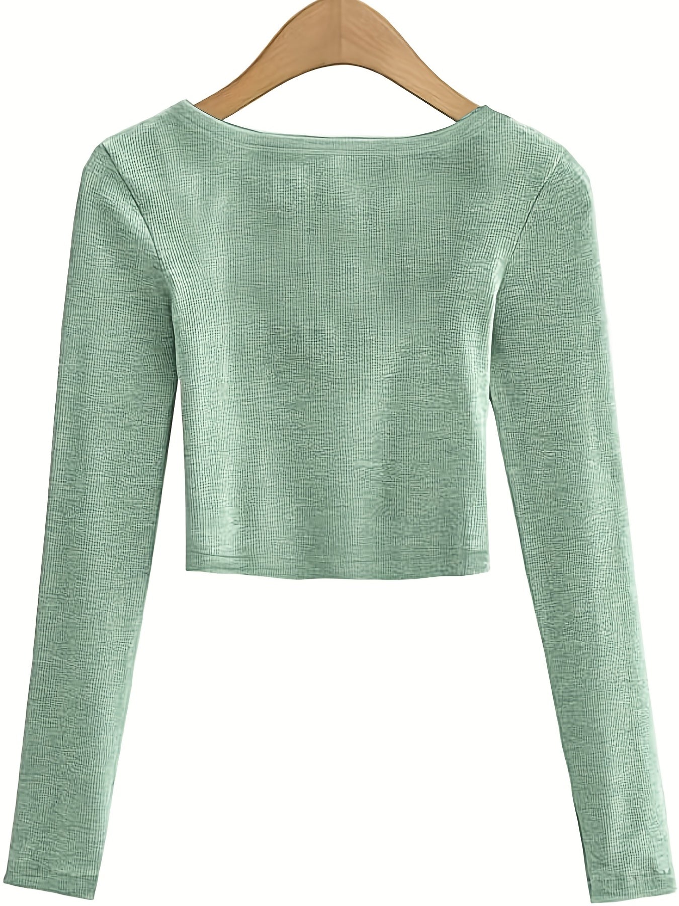 All-Season Chic Scoop Neck Crop Top – Slim & Stylish Long Sleeve, Solid Color, Easy-Care Rib-Knit Tee for Women
