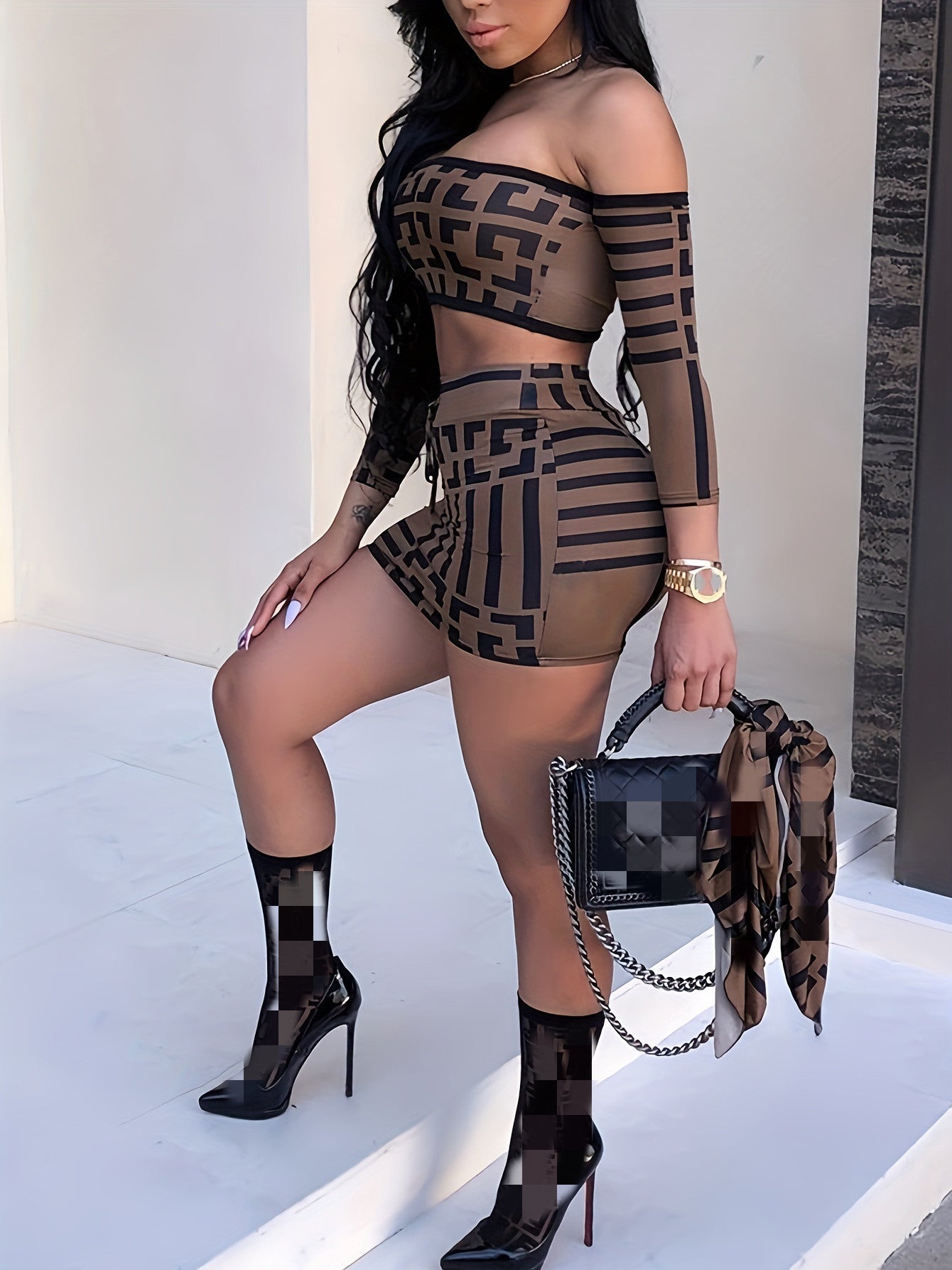 Sexy Geo Print Two-piece Skirt Set, Off Shoulder Crop Top & Drawstring Skirt Outfits, Women's Clothing