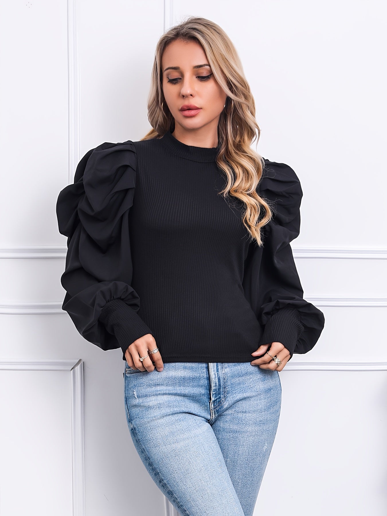 [Elegant Black Puffed Sleeve] Elegant Black Puffed Sleeve T-Shirt | Wrinkle-Resistant Ruffled Collar & Cuff Blouse, Short to Long Sleeve Converter (No-Sew), Machine Washable for Office, Casual & Formal Wear - Spring/Autumn La