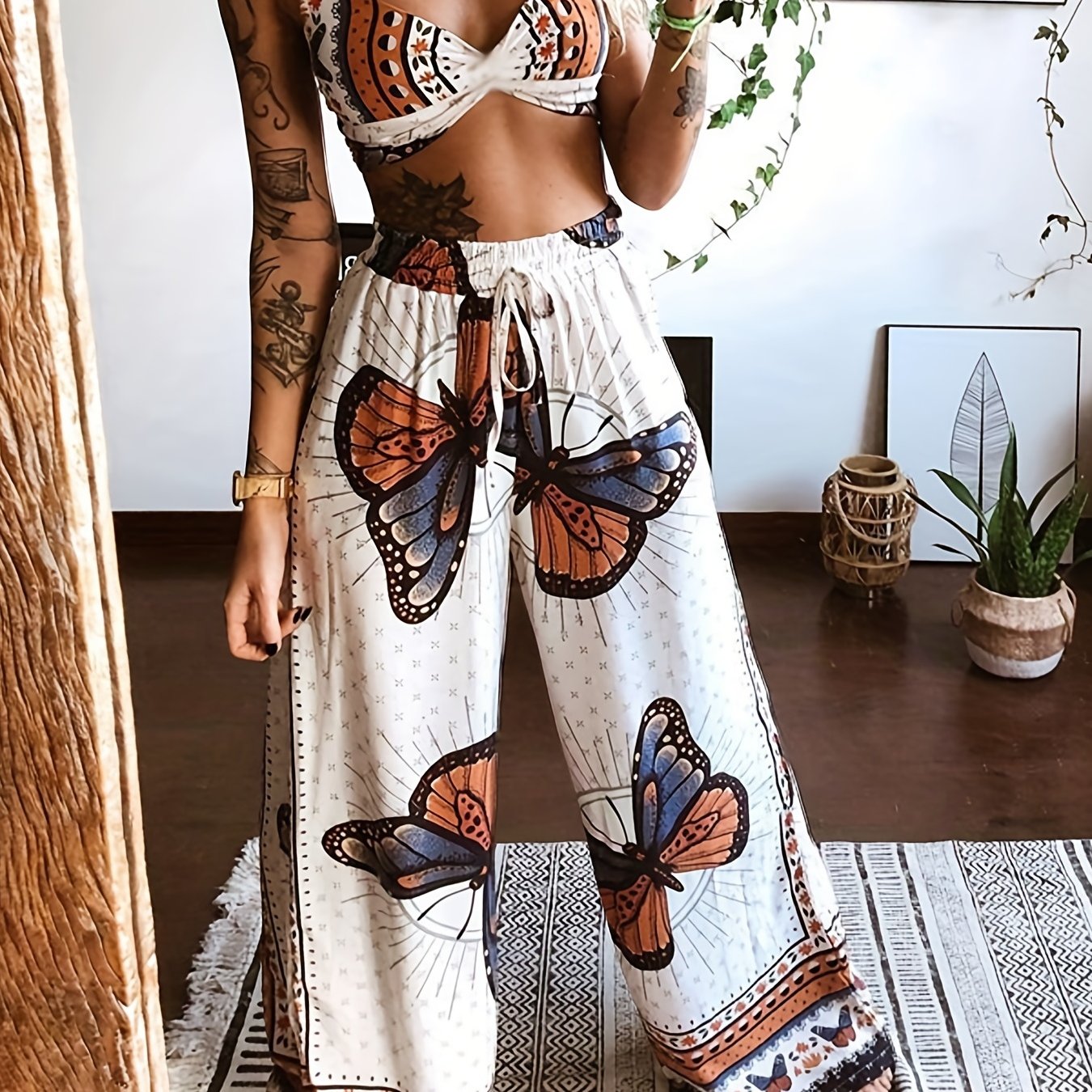two-piece Sexy Butterfly Print Halter Top & Wide Leg Pants Set, Women's Crop Top and Pants Outfit