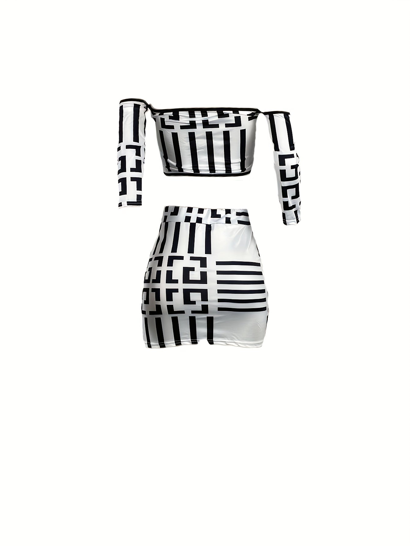 Sexy Geo Print Two-piece Skirt Set, Off Shoulder Crop Top & Drawstring Skirt Outfits, Women's Clothing