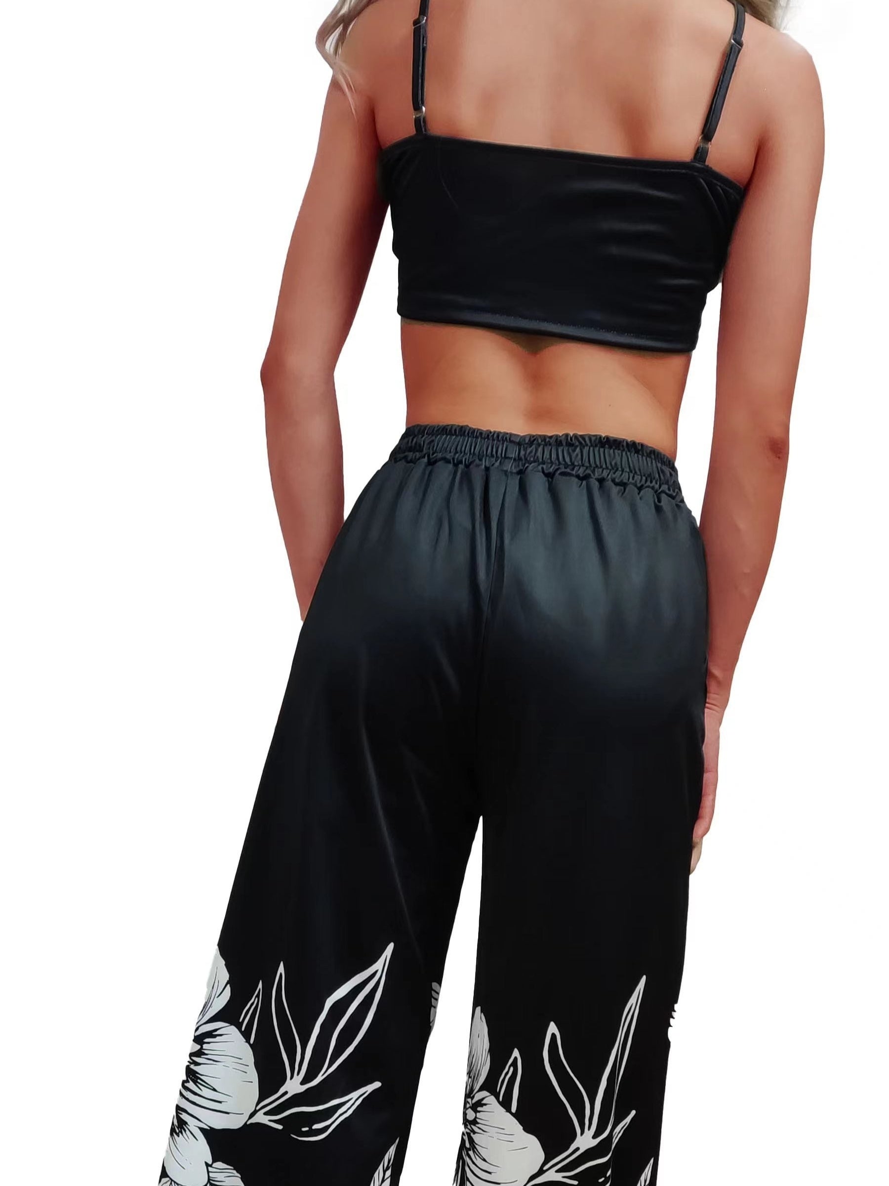 two-piece Sexy Butterfly Print Halter Top & Wide Leg Pants Set, Women's Crop Top and Pants Outfit