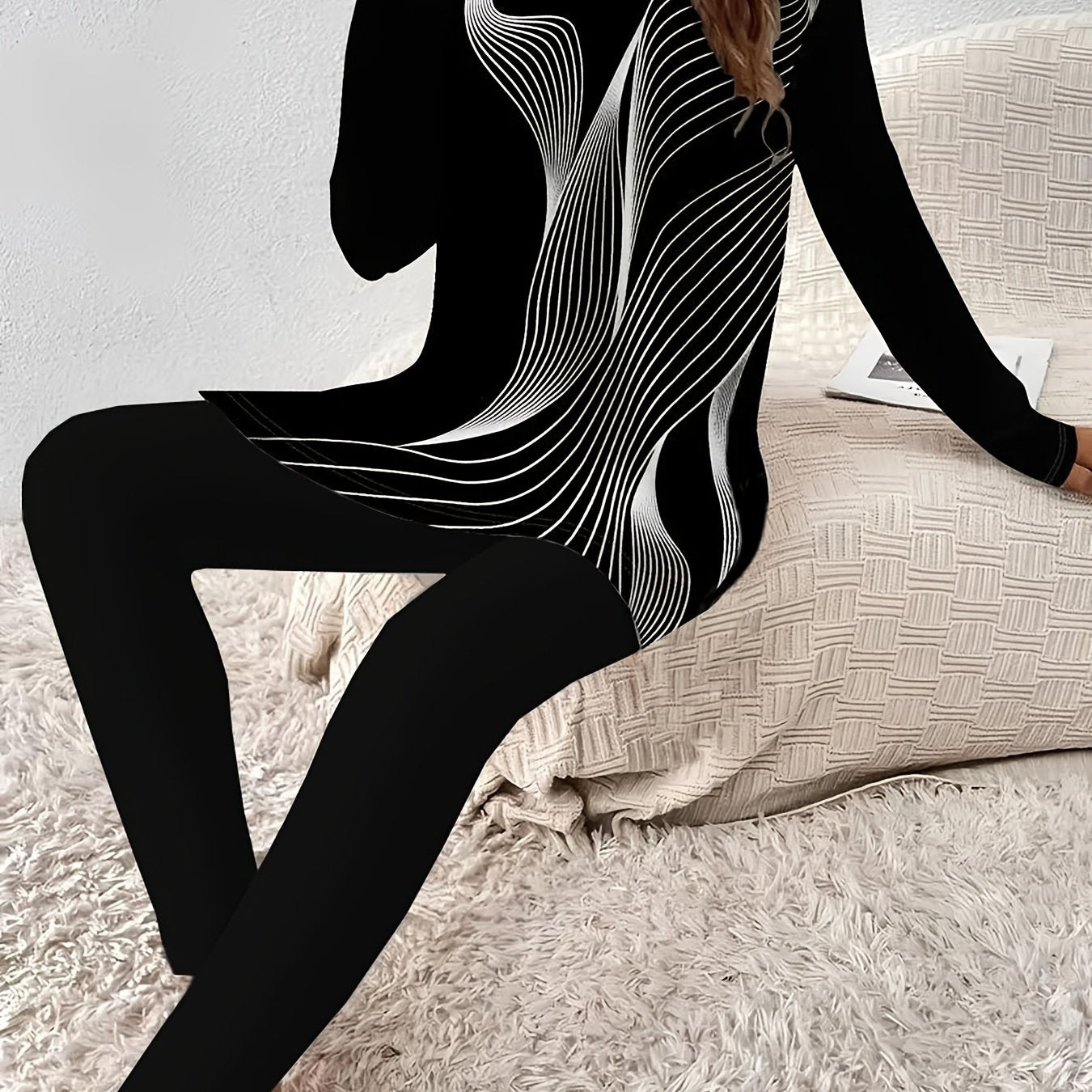 1 Set Women's Black & White Geometric Print Full-Zip Long Sleeve Suit - All-Season Polyester Pants & Top Set with Split Hem/Beige-Like Stripe, Casual to Formal Wear (Office, Wedding Guest) - Wrinkle-Resistant Outfit, Two Piec