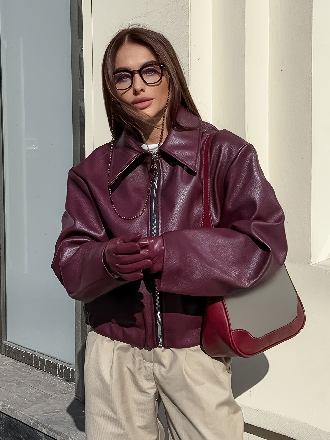 Women's Motorcycle Jacket - Full-Zip Retro Biker Coat with Full-Zip Front, Wine Red Matte, Relaxed H-Line Fit & Full-Length Zipper (No Collar) - Casual to Edgy Outerwear for Motorcycle Riding & Casual ttire, Jackets For Women