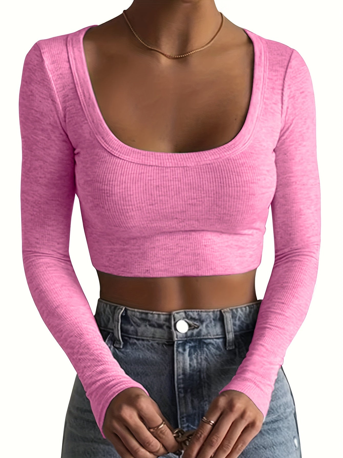 All-Season Chic Scoop Neck Crop Top – Slim & Stylish Long Sleeve, Solid Color, Easy-Care Rib-Knit Tee for Women