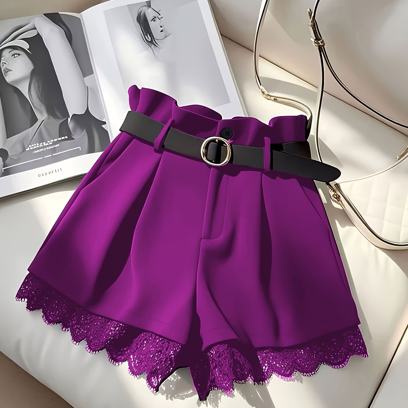 Women'S Elegant Black Lace Trim Skirt Shorts - High-Waisted Pleated Design with Golden Button Belt, Non-Stretch Fabric, Green Skirt For Women, Green Skirt, Elegant Woman Short, Woman Short Skirt, Women Shorts, Women Short, El
