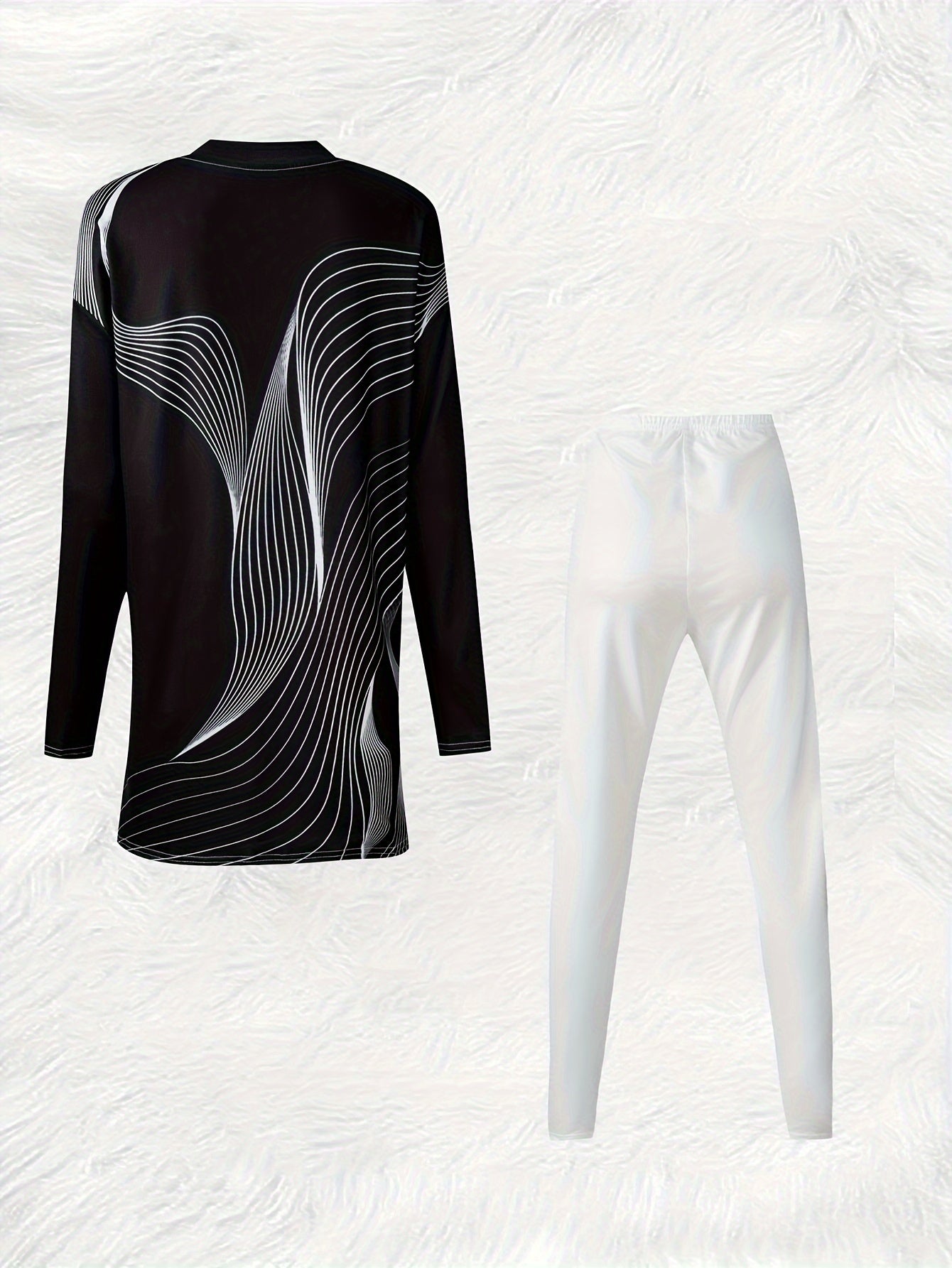 1 Set Women's Elegant Black & White Geometric Print Polyester Pantsuit - All-Over Vertical Stripe Long Sleeve Top & Wide-Leg Trousers, Wrinkle-Resistant Fabric, All-Season Casual to Formal Outfit with Split Detail Crew Neck a