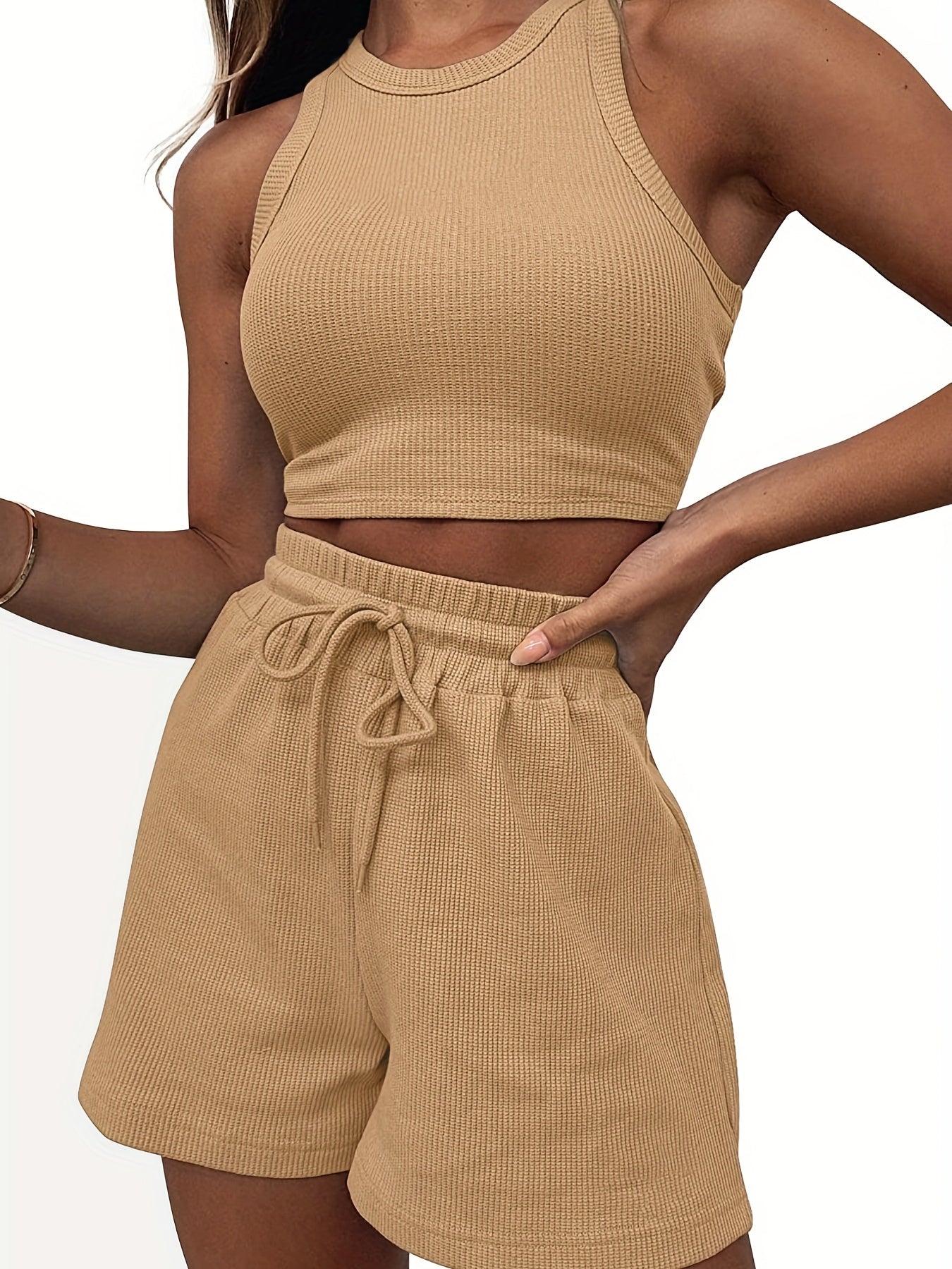 2-Piece Women's Casual Sportswear Set - Comfy Ribbed-Knit Crop Top & Adjustable Drawstring Shorts - Versatile Sleeveless Outfit for Outdoor Activities