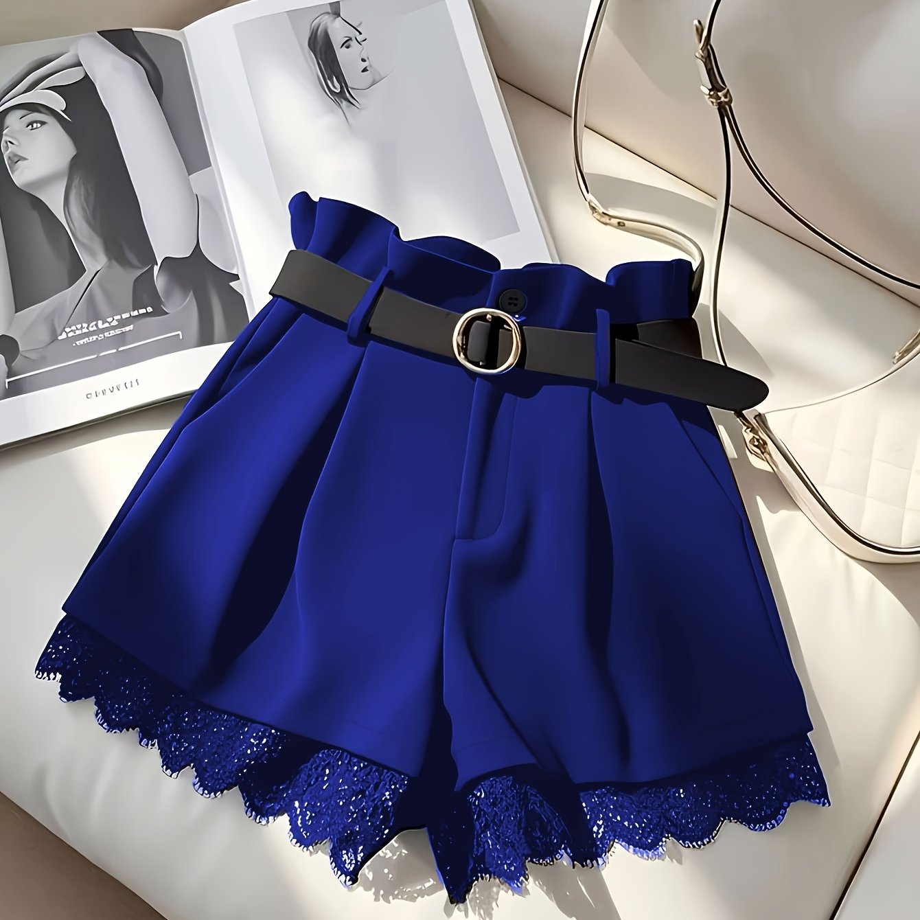 Women'S Elegant Black Lace Trim Skirt Shorts - High-Waisted Pleated Design with Golden Button Belt, Non-Stretch Fabric, Green Skirt For Women, Green Skirt, Elegant Woman Short, Woman Short Skirt, Women Shorts, Women Short, El