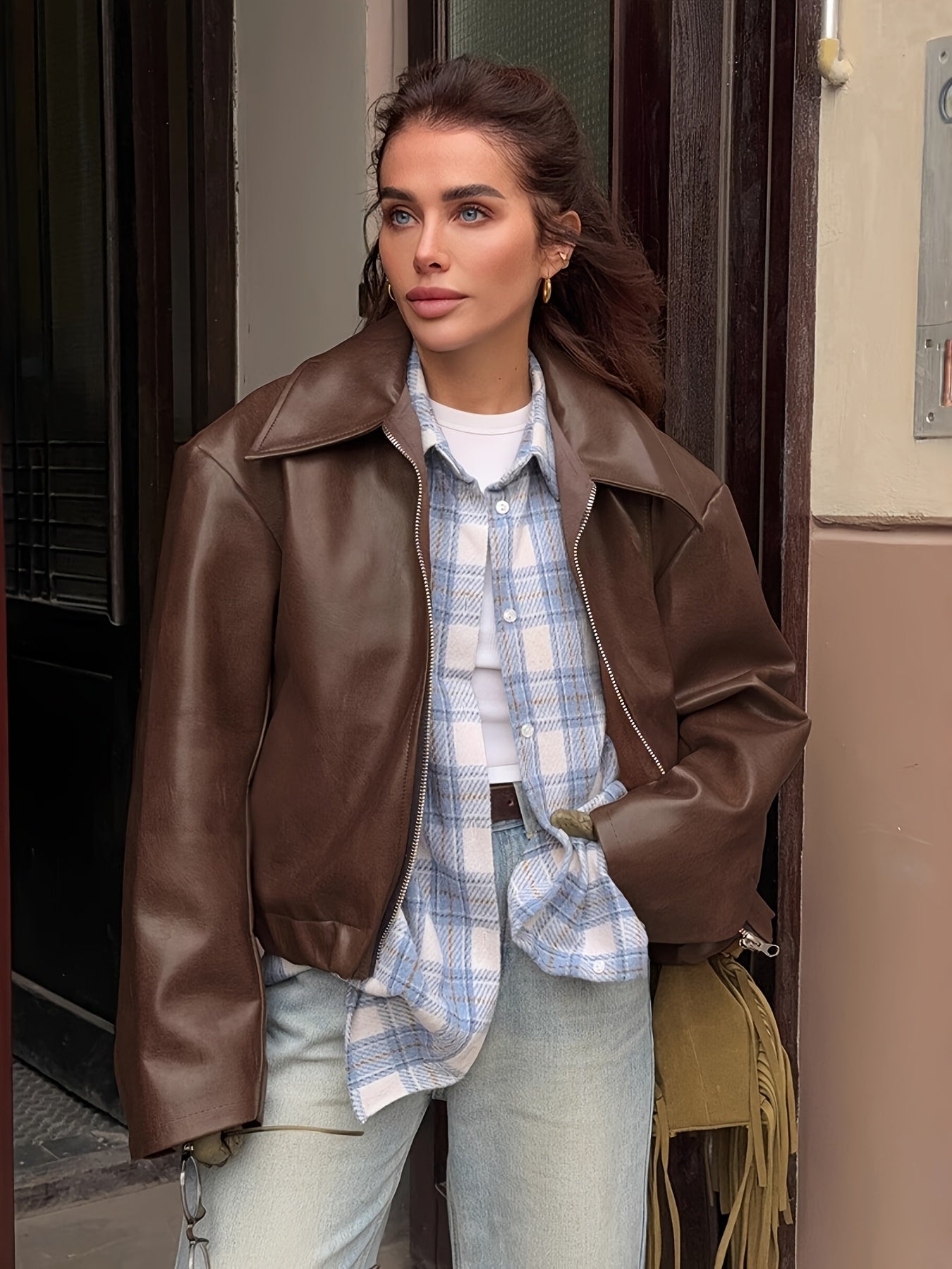 Women's Motorcycle Jacket - Full-Zip Retro Biker Coat with Full-Zip Front, Wine Red Matte, Relaxed H-Line Fit & Full-Length Zipper (No Collar) - Casual to Edgy Outerwear for Motorcycle Riding & Casual ttire, Jackets For Women