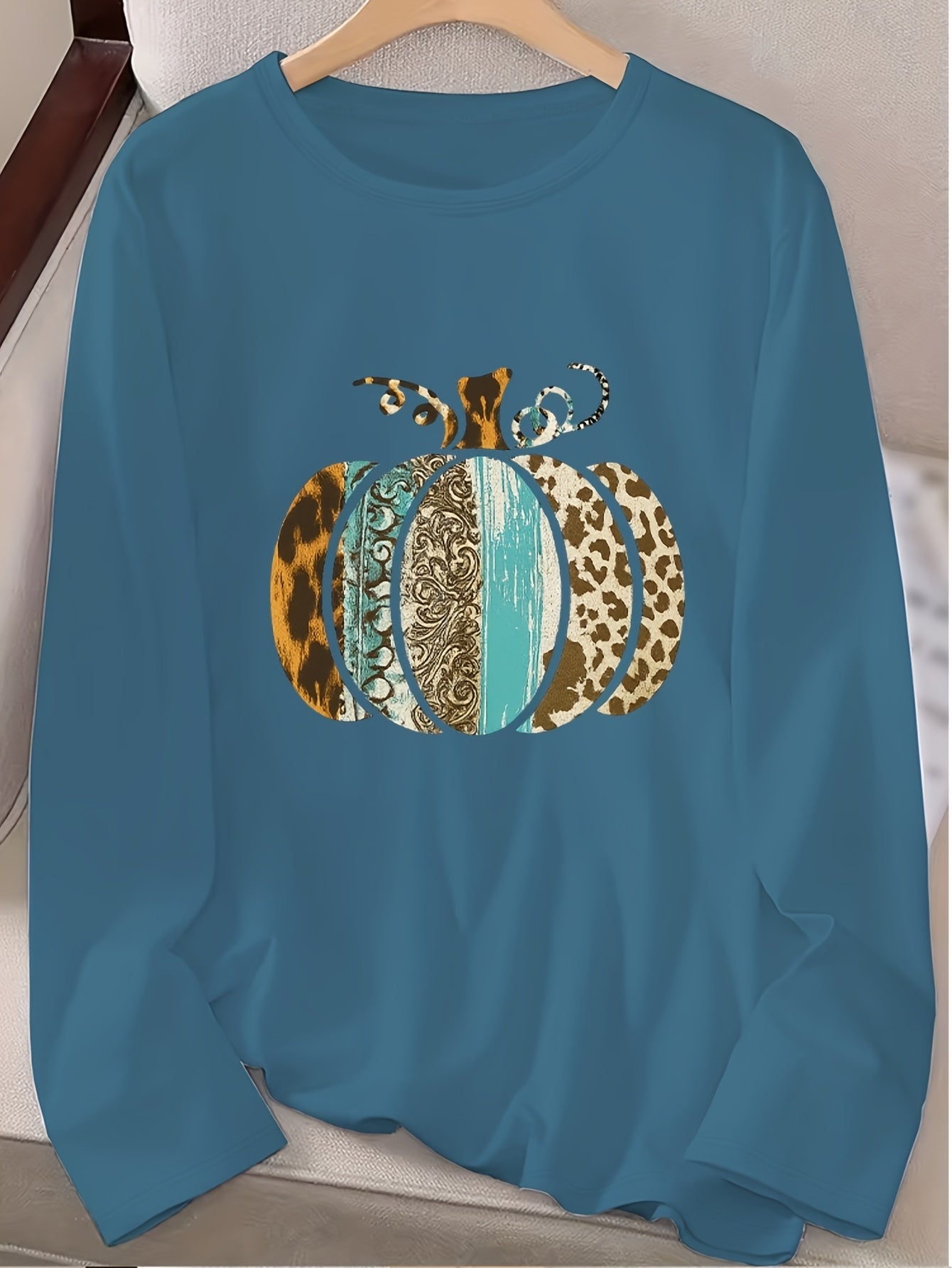 Women's Pumpkin Print Crew Neck Long Sleeve T-Shirt - Turquoise Blue & Golden Pumpkin Patch Design with Leopard Spot Accent, Casual Fall/Spring Top (Sizes S-2XL) | Pumpkin Season Outfits, Jeans Pairing, Machine Washable Layer