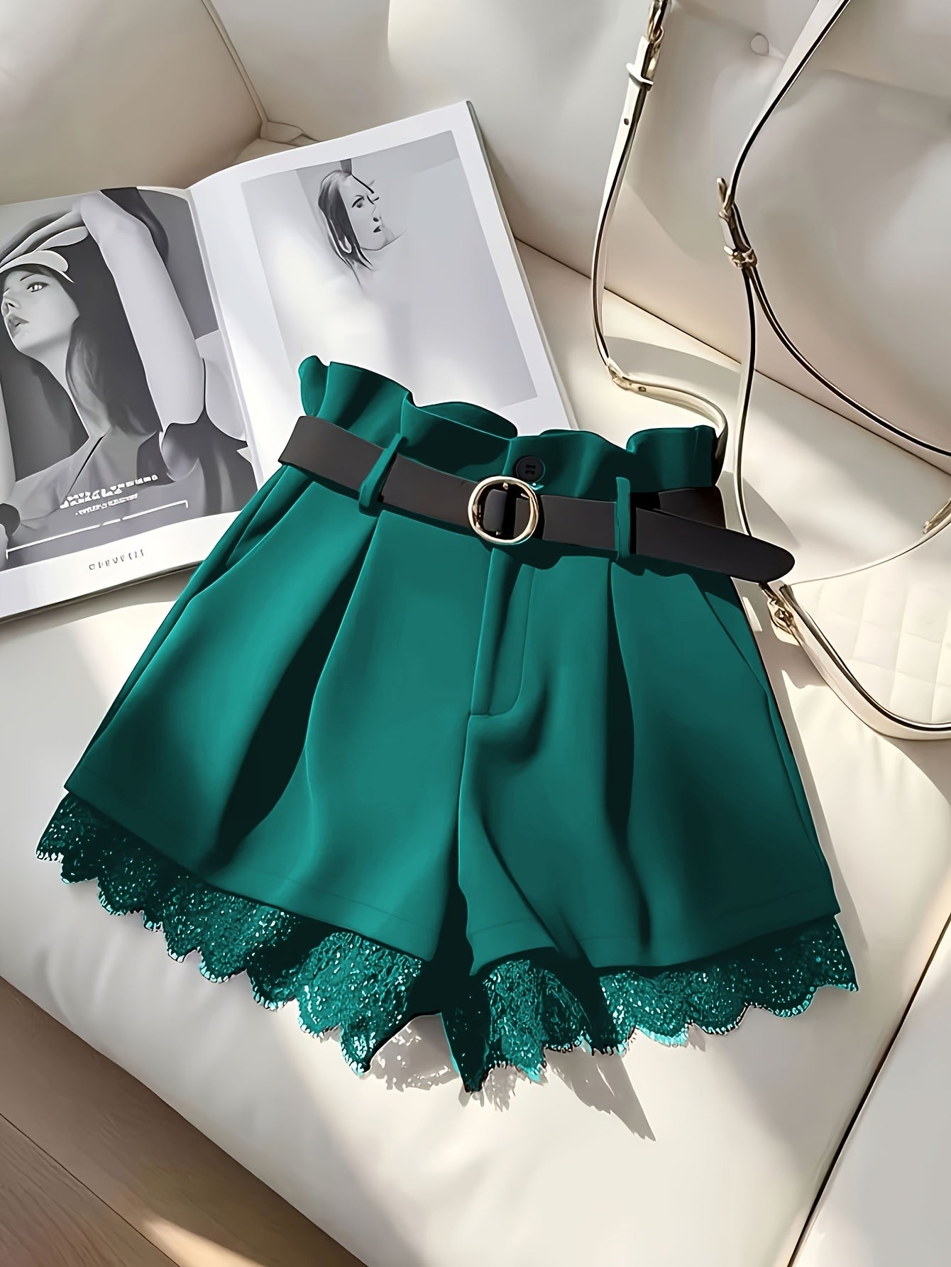 Women'S Elegant Black Lace Trim Skirt Shorts - High-Waisted Pleated Design with Golden Button Belt, Non-Stretch Fabric, Green Skirt For Women, Green Skirt, Elegant Woman Short, Woman Short Skirt, Women Shorts, Women Short, El