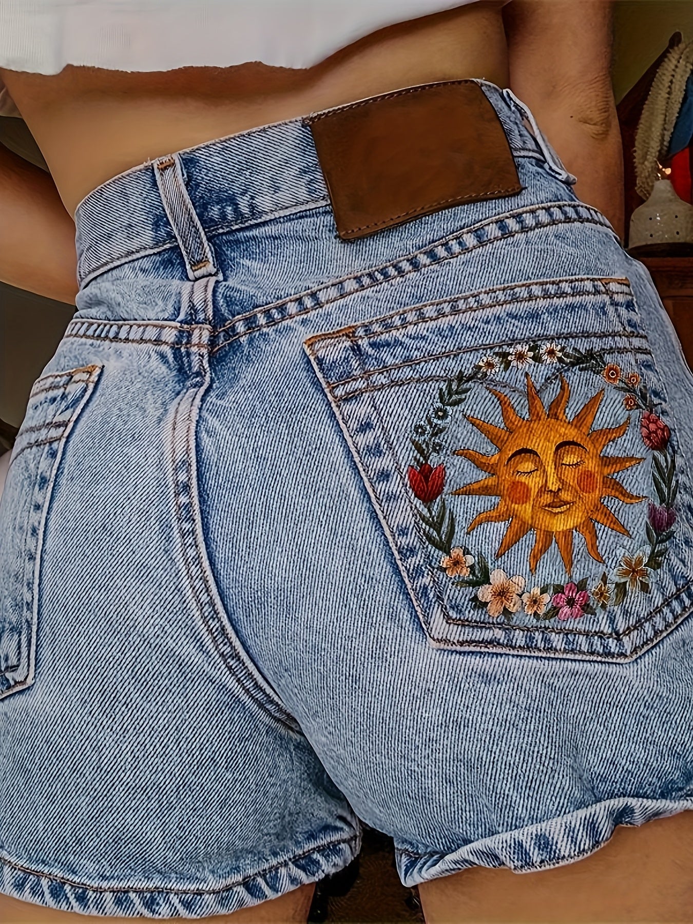 Women's Vintage Light Blue Distressed Denim Shorts with Floral Embroidery & Multi-Pocket Design - Summer Casual Streetwear Jeans, Relaxed Fit & Frayed Hem for Beach Outfits, Music Festivals & Casual Attire - Machine Washable,