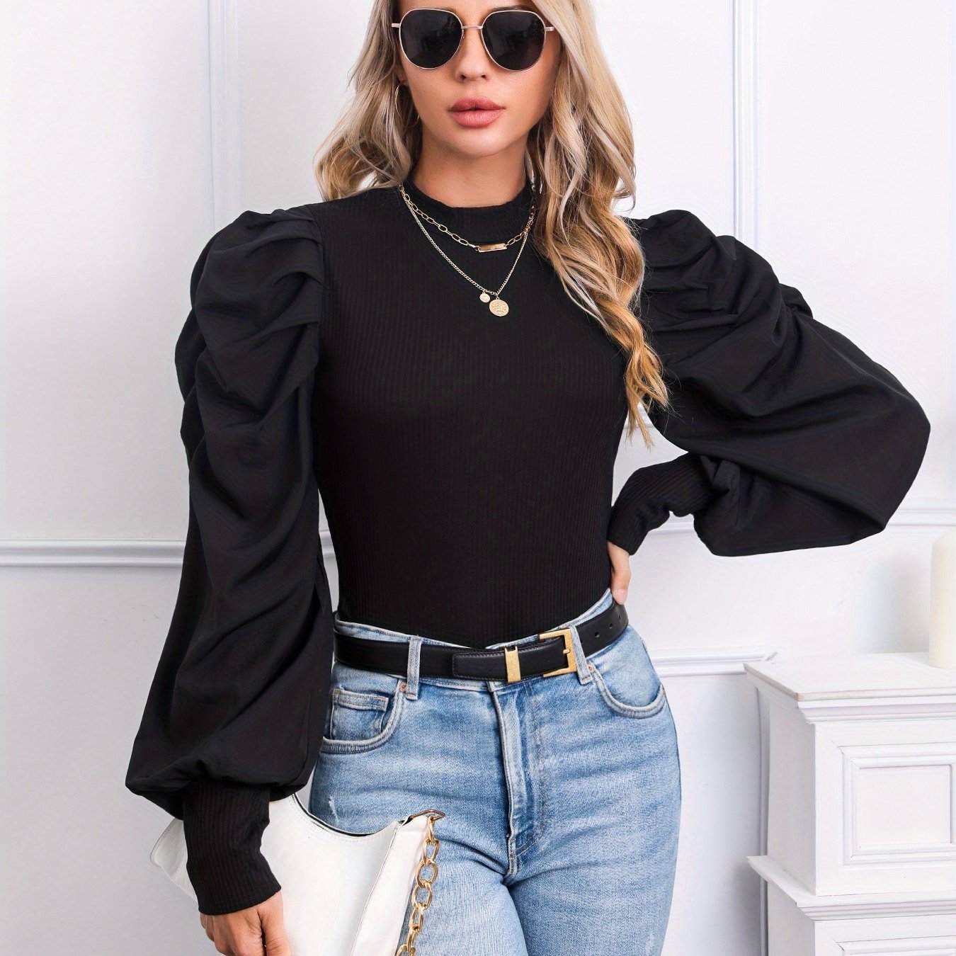 [Elegant Black Puffed Sleeve] Elegant Black Puffed Sleeve T-Shirt | Wrinkle-Resistant Ruffled Collar & Cuff Blouse, Short to Long Sleeve Converter (No-Sew), Machine Washable for Office, Casual & Formal Wear - Spring/Autumn La