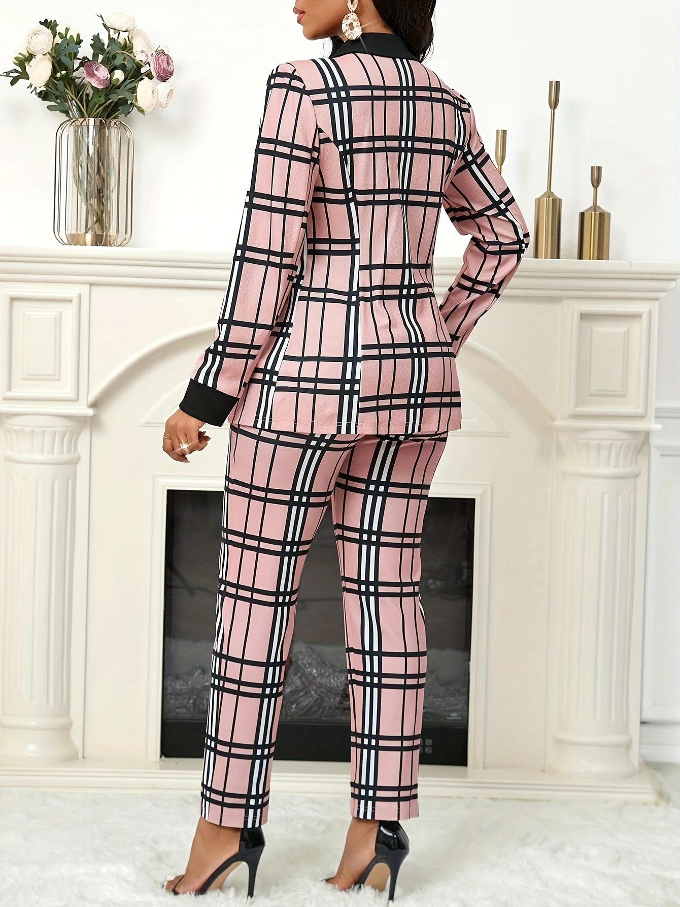 Women's Suit Set with Plaid Print and Black Collar Jacket, Pants - Autumn/Winter Work & Party Outfit, Two Piece Suits for Women, Suits for Women, Trouser Suits for Women, Formal Attire, Office Wear, Stylish Suitcase, Durable