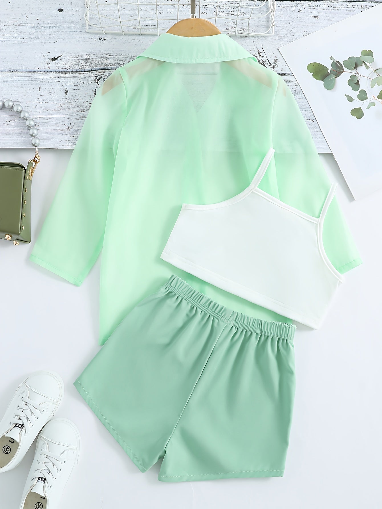 3 Pcs Ultra Thin Long Sleeve Semi-Sheer Shirt & Cami Crop Top & Shorts, Three-piece Shorts Set For Girls
