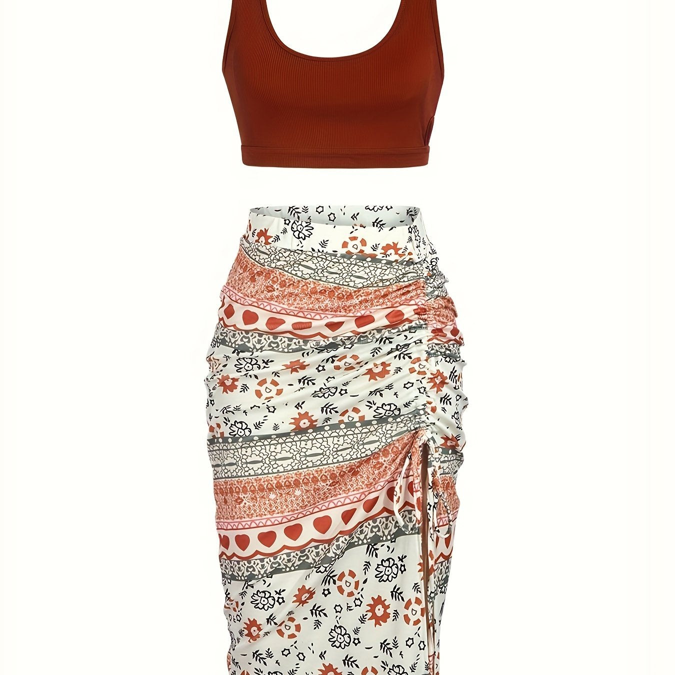 Chic Sleeveless Backless Crop Top & Floral Print Drawstring Split Dress Outfit - Effortlessly Stylish Casual Wear for Women