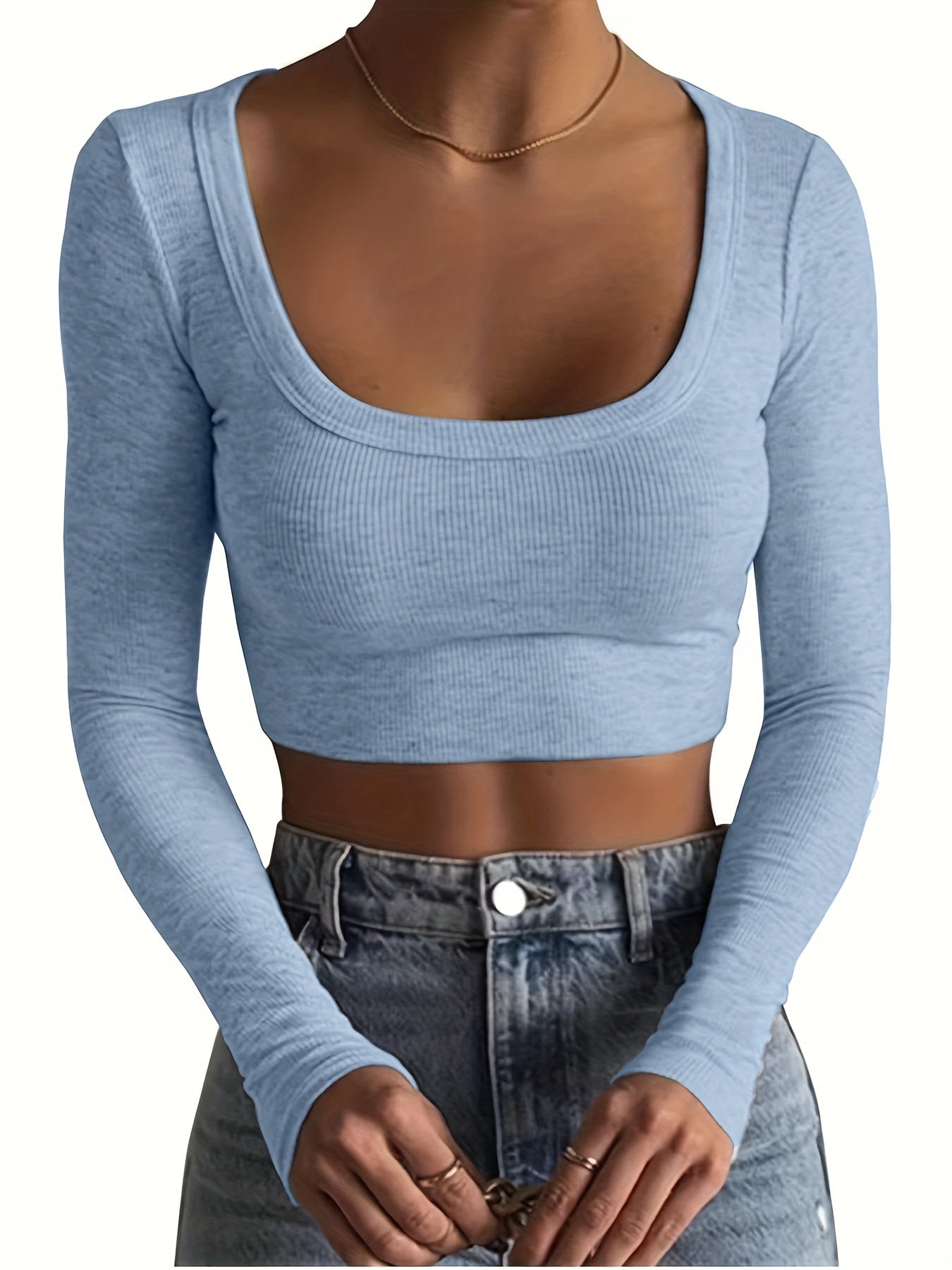 All-Season Chic Scoop Neck Crop Top – Slim & Stylish Long Sleeve, Solid Color, Easy-Care Rib-Knit Tee for Women
